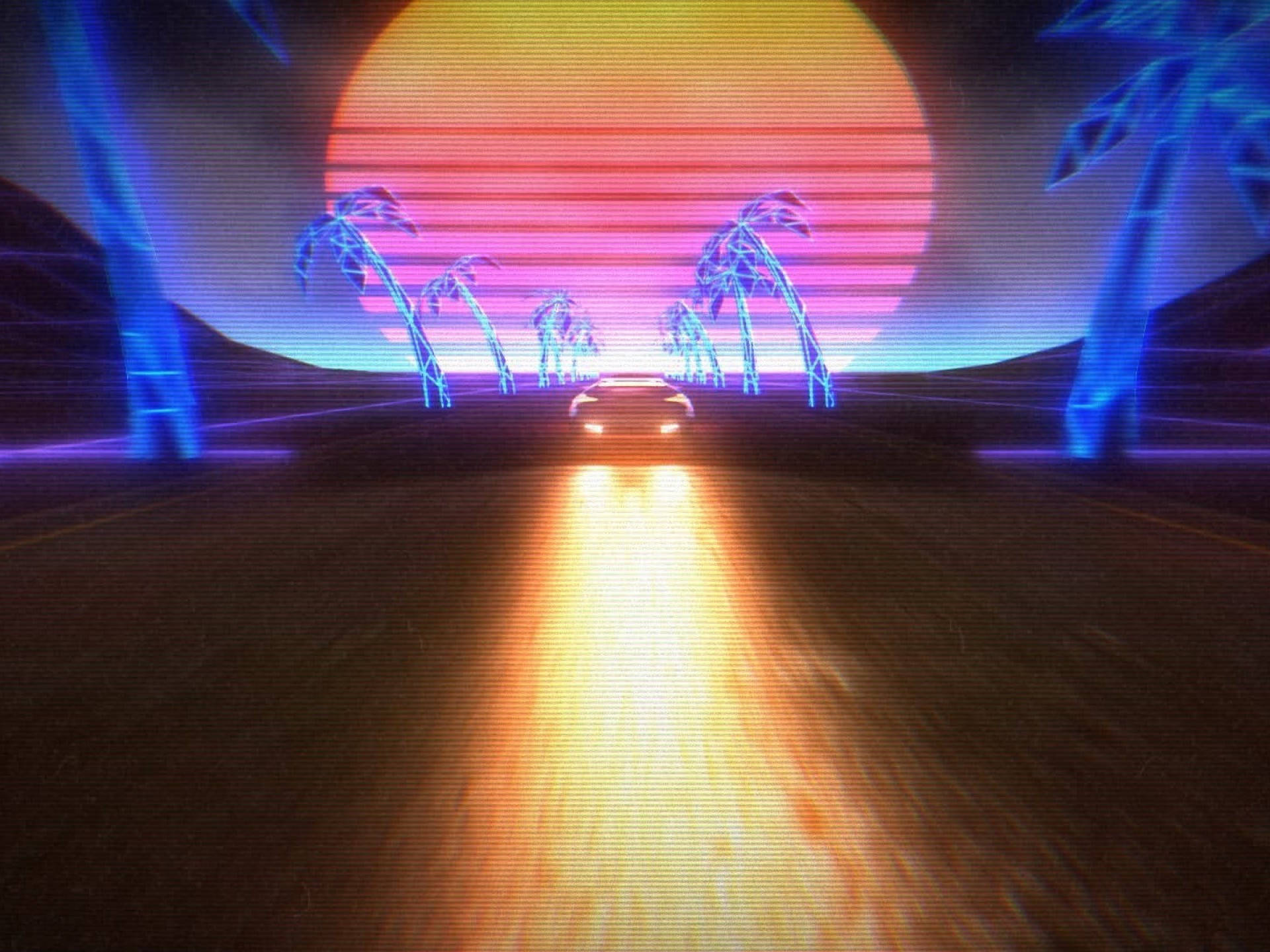 一輛發光的汽車在沙漠公路上駛向色彩繽紛的日落，兩旁有霓虹棕櫚樹。