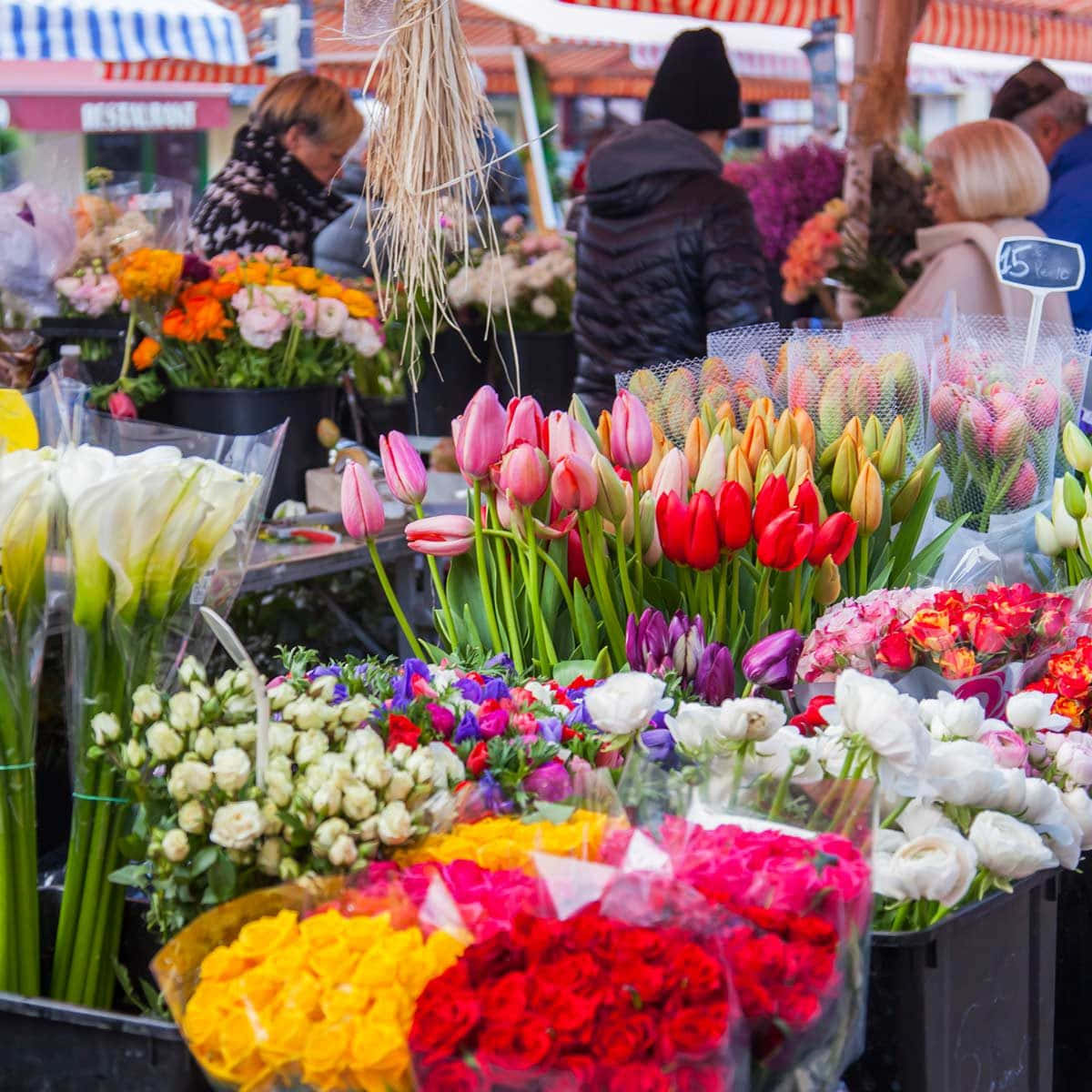 Flower Market 桌布 壁紙 — 在熱鬧的戶外花卉市場攤位展示的鬱金香、玫瑰和馬蹄蓮的鮮豔花束。
