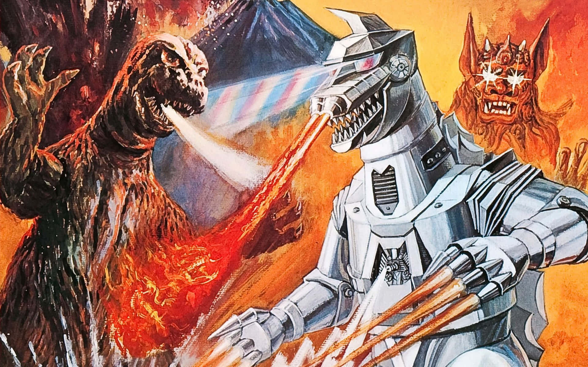 Robot Godzilla 桌布 壁紙 — 在熾熱的天空下，一個火熱的哥斯拉在火山景觀中與銀色機械人和惡魔野獸戰鬥。
