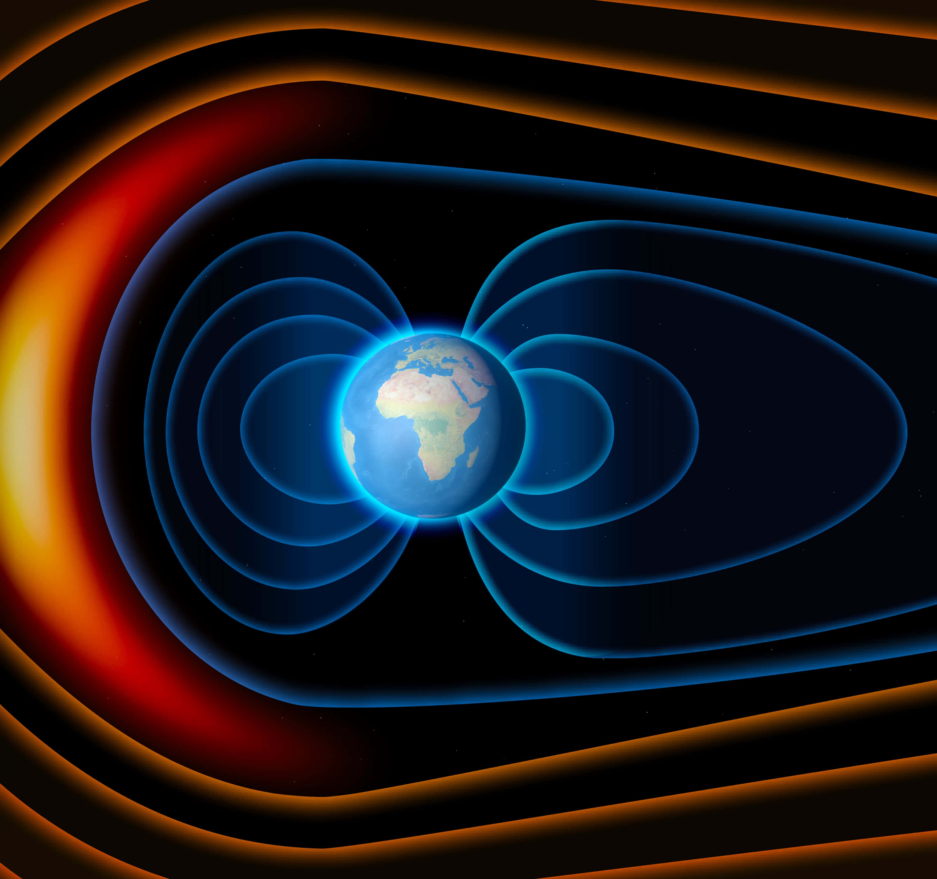 Magnetic Field 桌布 壁紙 — 在熾熱的橙色和黑色宇宙背景下，一顆發光的藍色地球被動態磁場線包圍。
