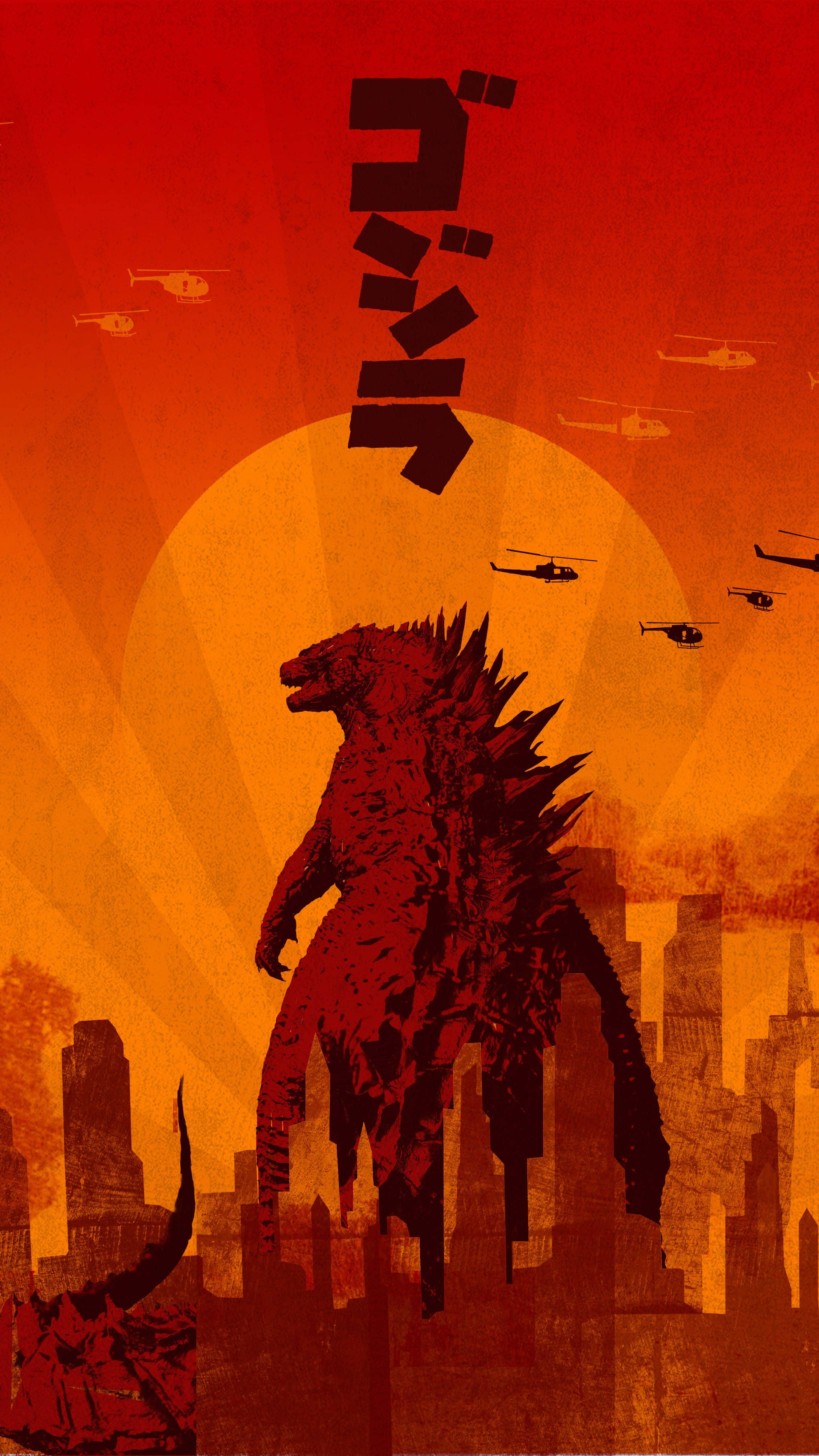 Godzilla 2014 桌布 壁紙 — 在熾熱的橙色太陽下，高聳的哥斯拉剪影矗立在廢墟城市景觀中，直升機在上空飛過。