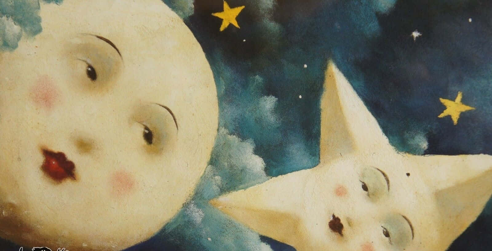 在燦爛月光下沉醉 壁紙 — 一幅夢幻水彩插畫，描繪微笑的月亮和星星，帶有玫瑰色的臉頰和紅唇，背景是繁星點點的夜空。