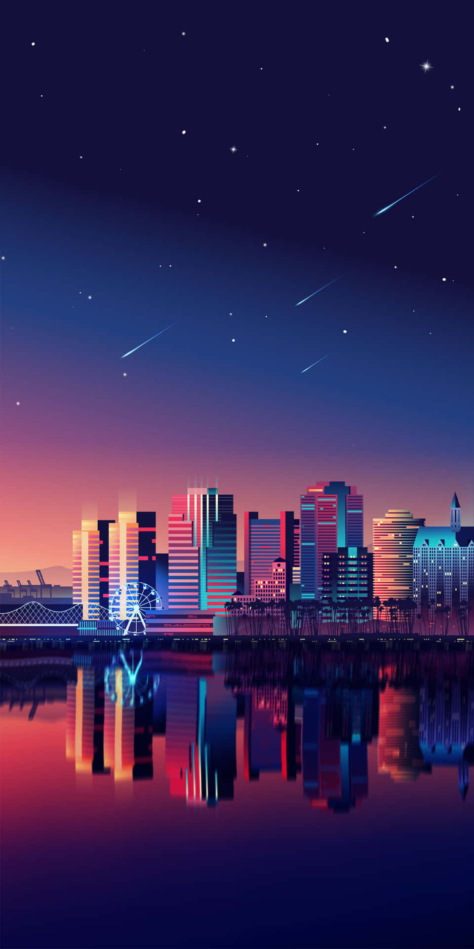 夜晚的霓虹城市天際線，水面倒映著星軌。
