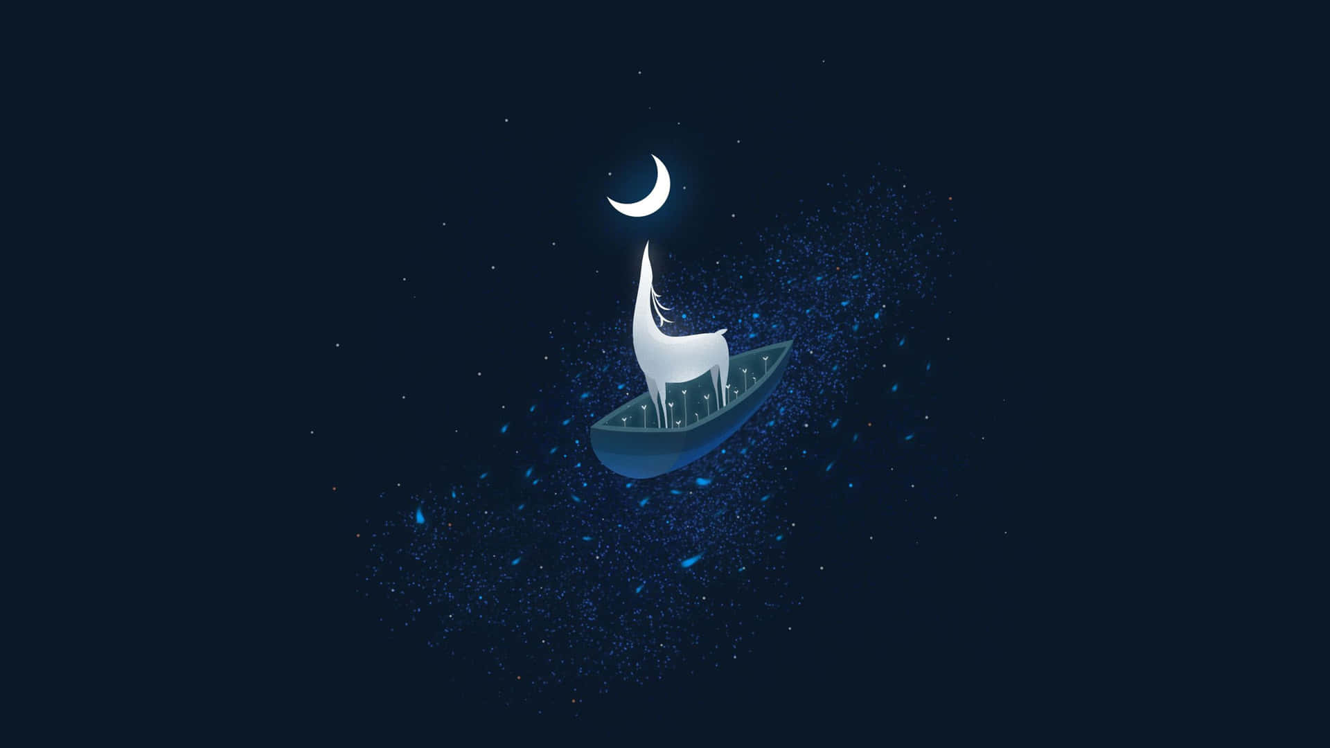 新月下，一艘小船在星空中漂流，船上有一隻白鹿。