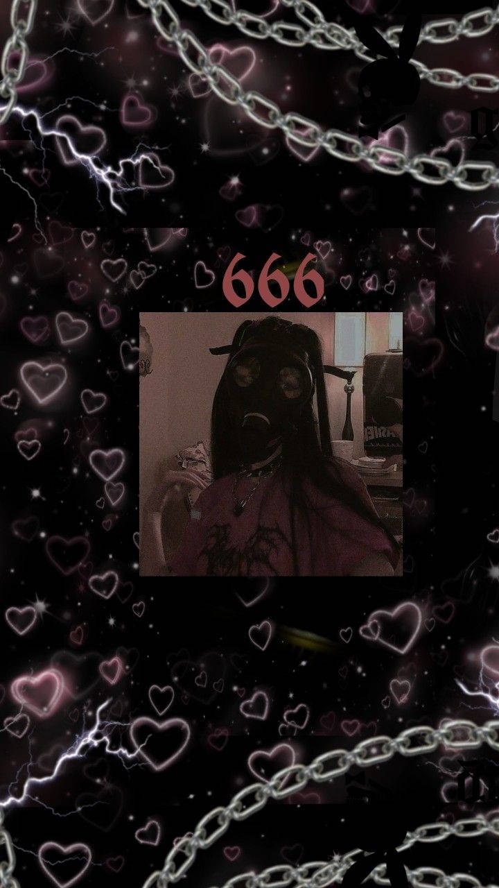 戴著防毒面具的人被發光的心形和鎖鏈包圍，並有數字666。