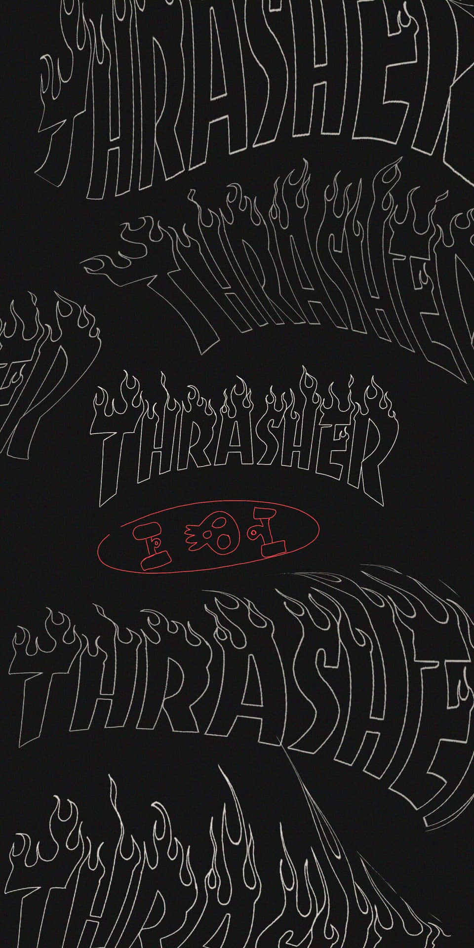 黑色背景上重複的白色輪廓Thrasher標誌和火焰，一個紅色橢圓形標誌。