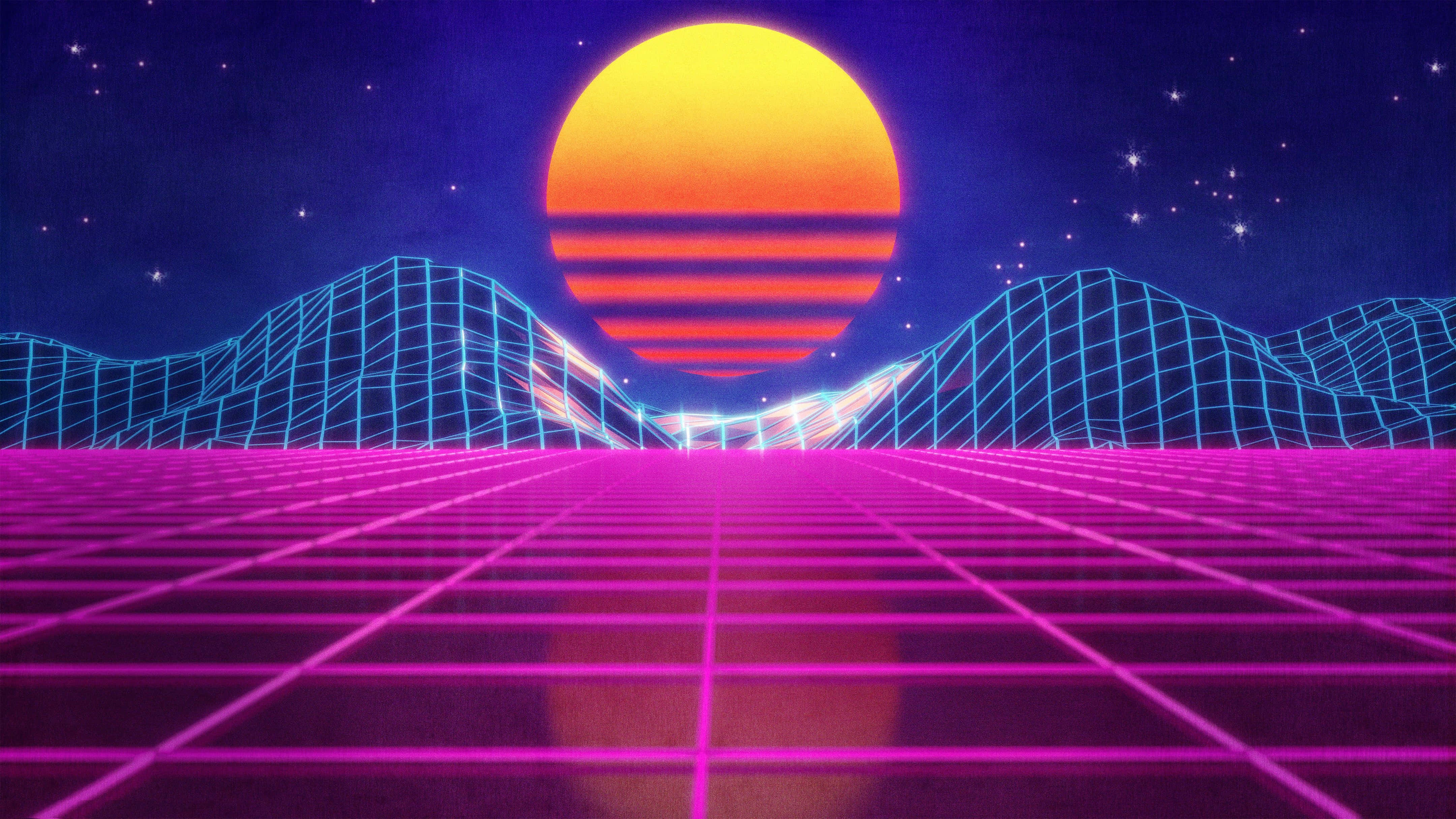Neon Lights 桌布 壁紙 — 在發光的橙色太陽下，星空和線框山脈的霓虹網格景觀。