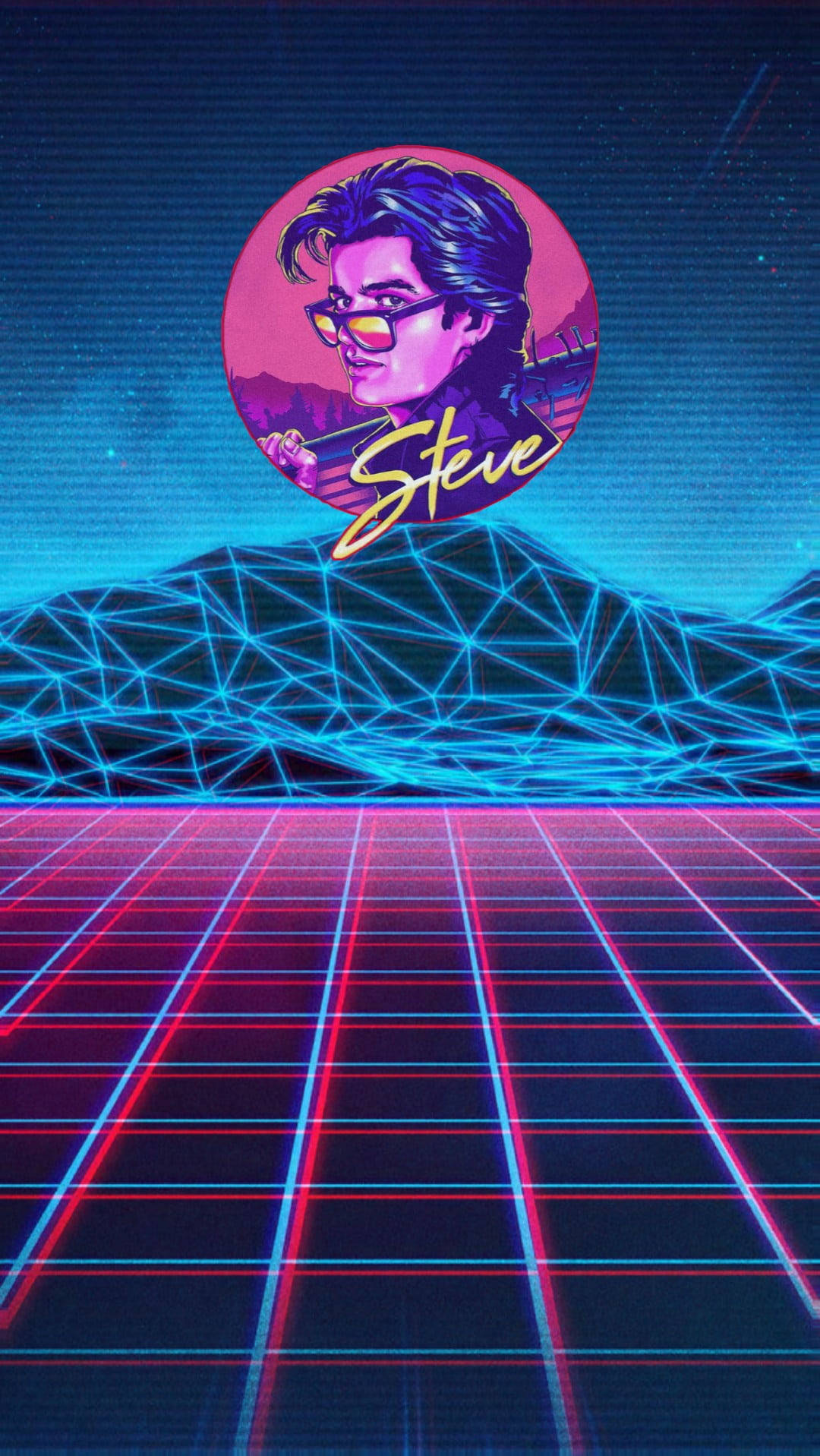 怪奇物語 桌布 壁紙 — 在發光粉紅月亮下的霓虹網格景觀中，Steve 的復古未來風格肖像。