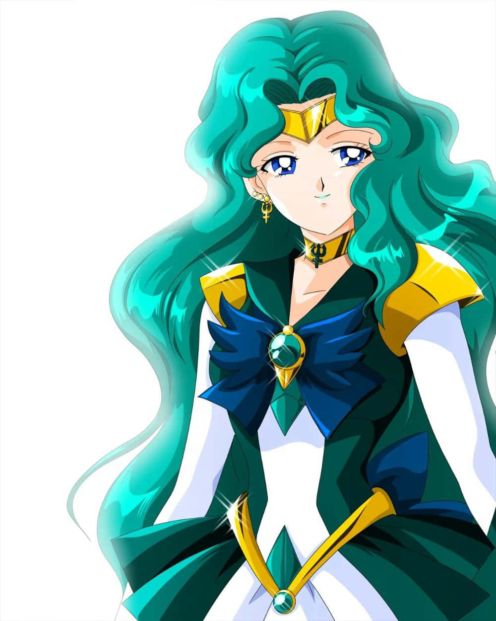 sailor neptune 桌布 壁紙 — 在白色背景前，擁有飄逸青綠色頭髮和金色配飾、穿著綠色和藍色服裝的動漫角色。