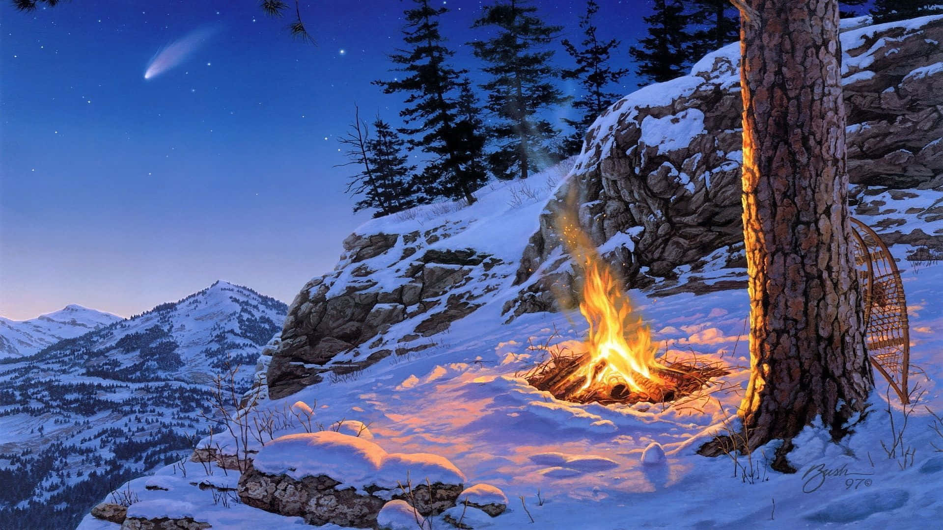 Winter Art 桌布 壁紙 — 在白雪覆蓋的山谷中，溫暖的營火在繁星點點的暮色天空下閃耀，一顆彗星劃過天際。