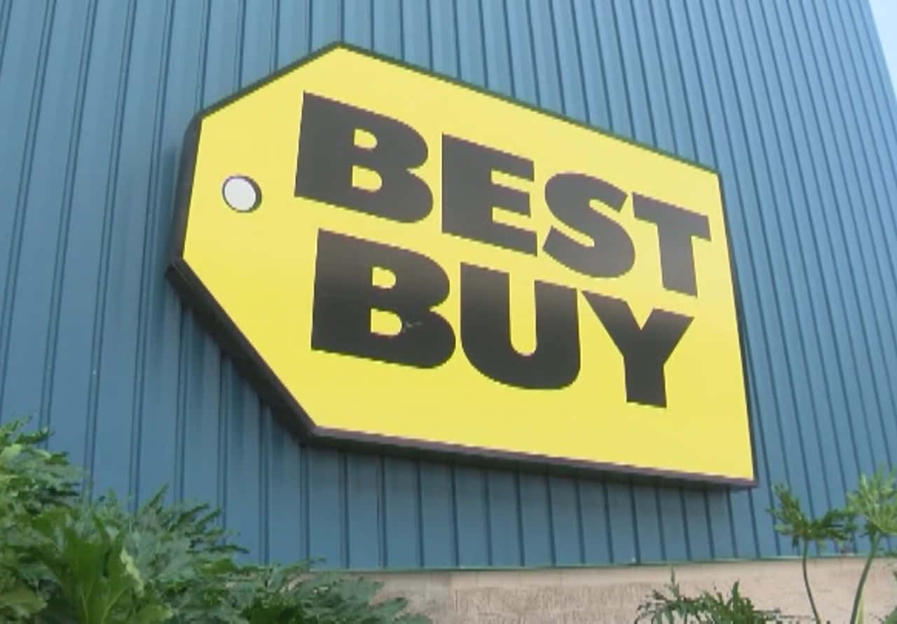 藍色金屬建築上的Best Buy商店標牌，下方有綠色植物