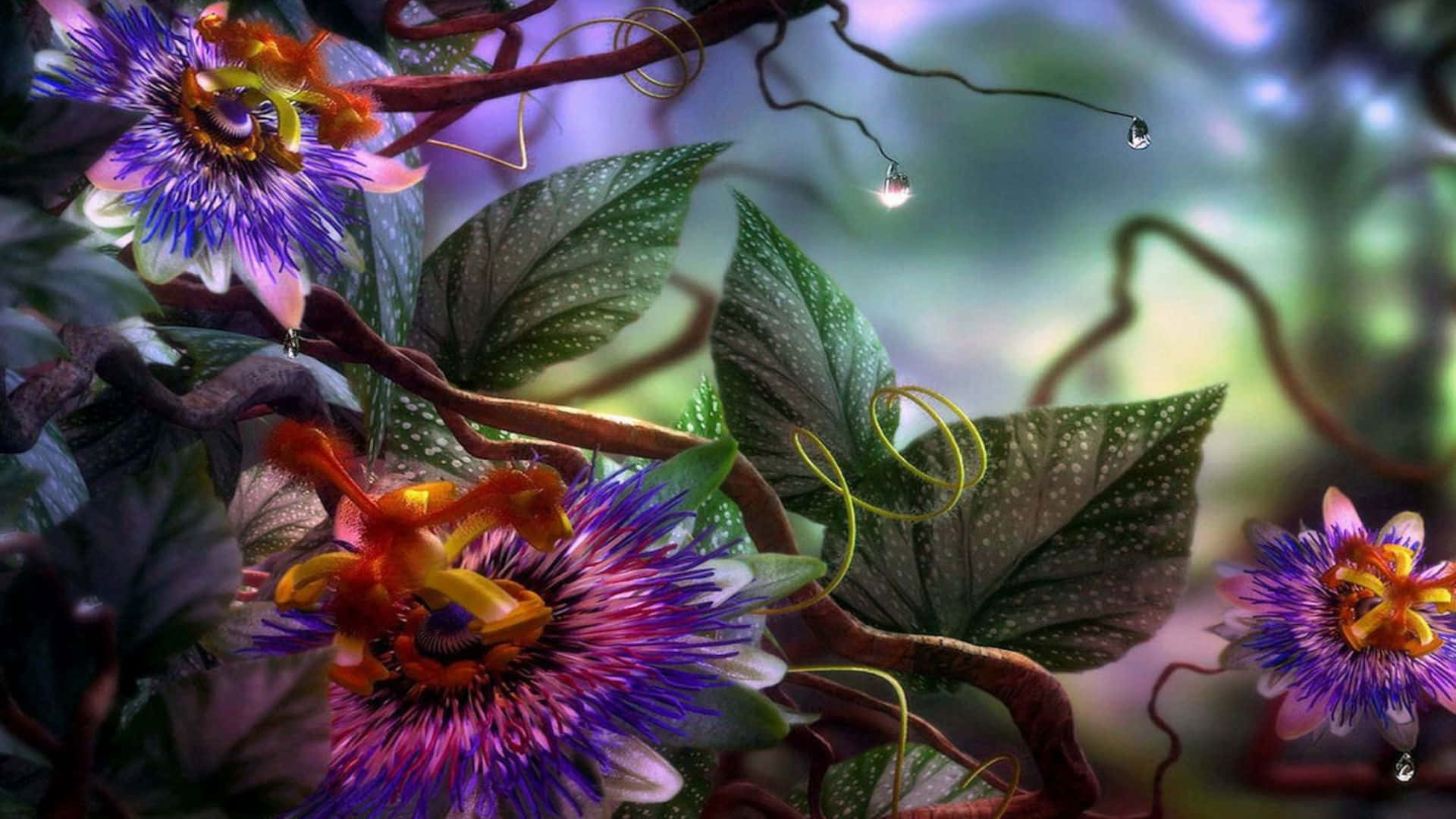 Enchanted Garden 桌布 壁紙 — 在神秘的森林空地中，鮮豔的紫色和橙色西番蓮花在帶有露珠的斑點葉子間盛開。