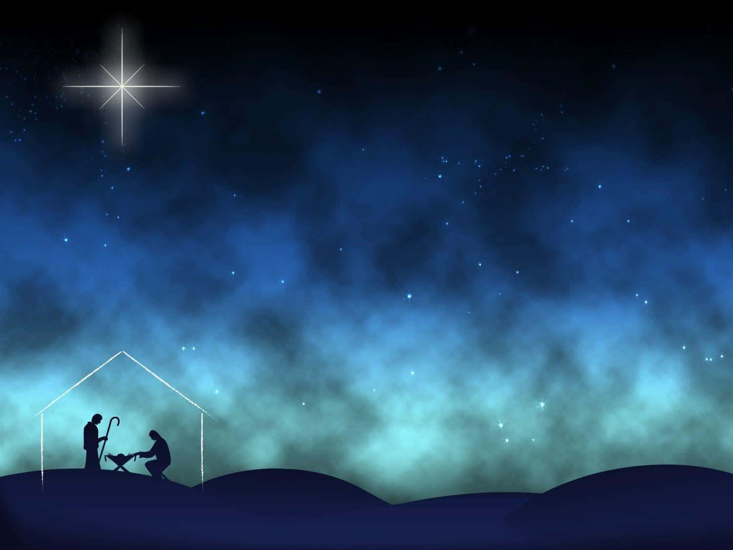 Nativity 桌布 壁紙 — 在神秘藍色夜空下，剪影人物跪在馬槽前，上方有一顆璀璨的星星。