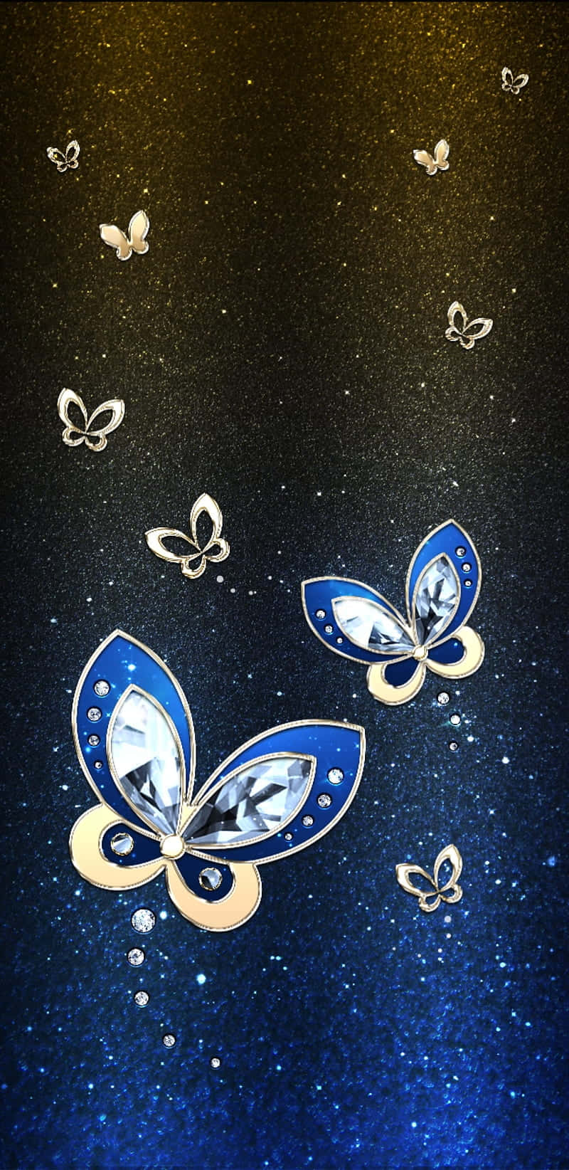 閃亮的寶石翅膀蝴蝶在星空藍色和金色的宇宙天空中飄蕩。