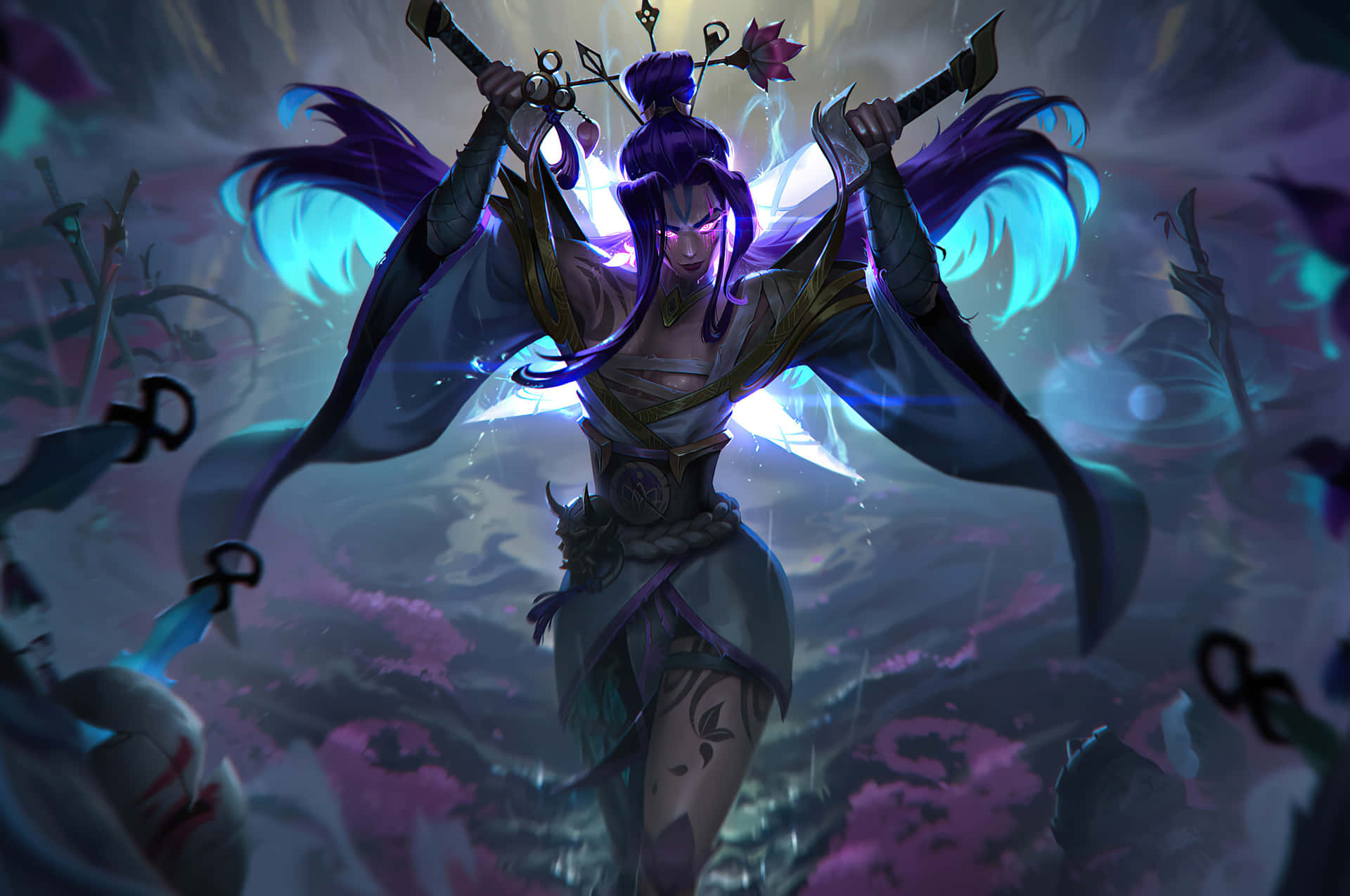 一位紫髮動漫戰士女神在神秘的黑暗戰鬥場景中揮舞雙劍。