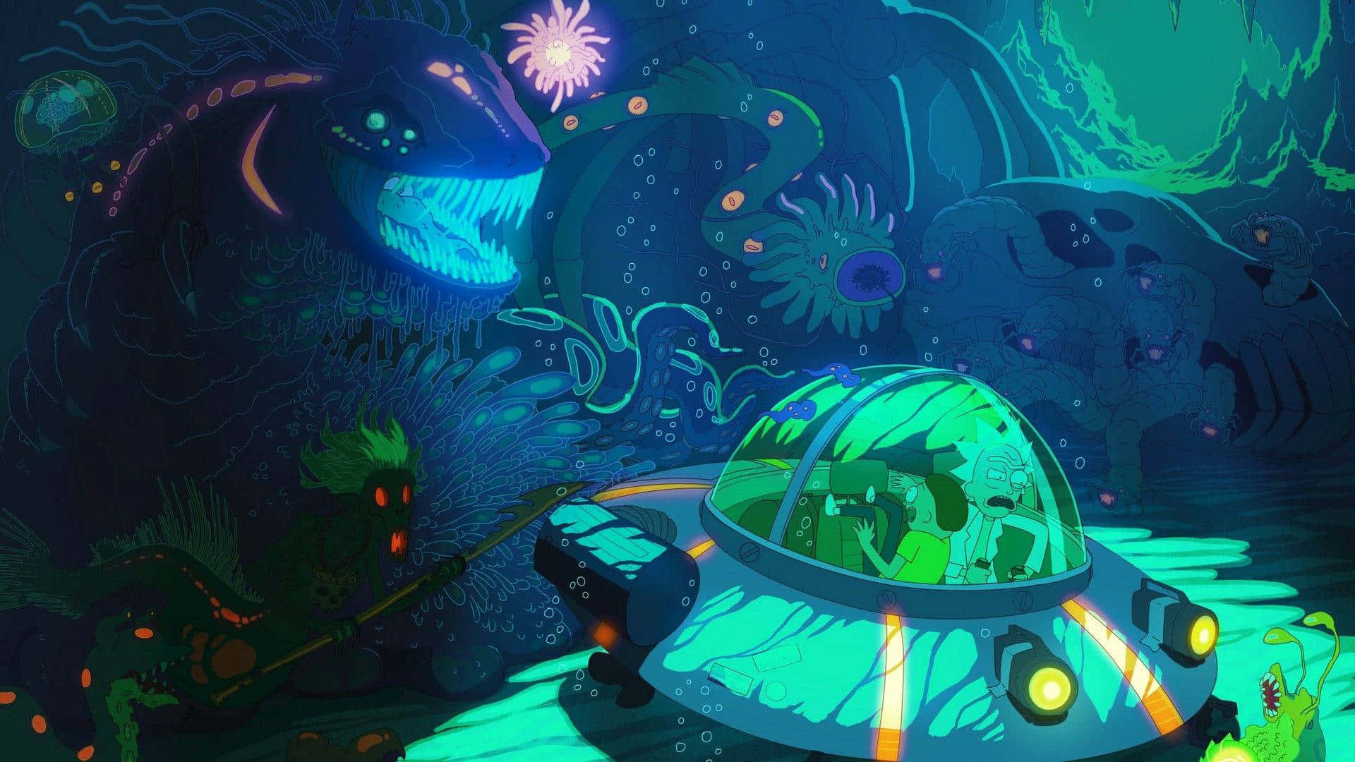 潛水艇船員探索發光的外星海洋，與巨型生物一起。