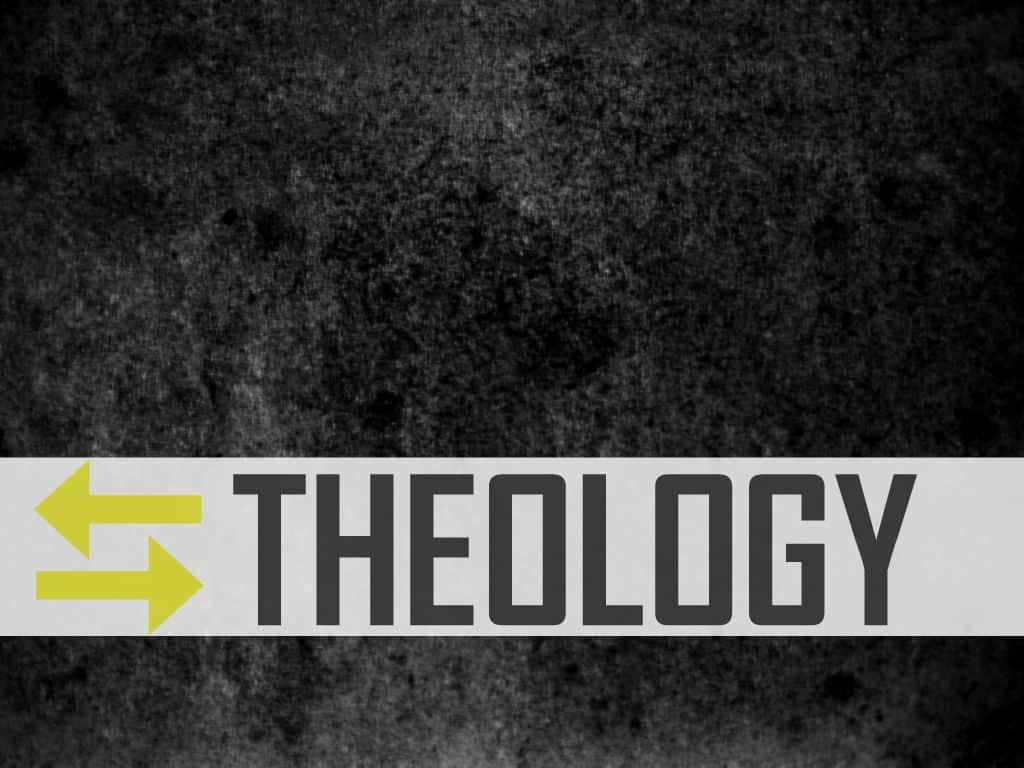 Theology 桌布 壁紙 — 在粗糙深灰色紋理背景上，白色橫幅帶有黃色箭頭，上面有粗體黑色神學文字。