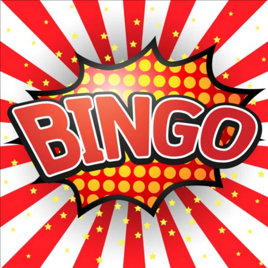 Bingo 桌布 壁紙 — 在紅白條紋背景上，黃色星星的漫畫對話框內有粗體紅色賓果文字。