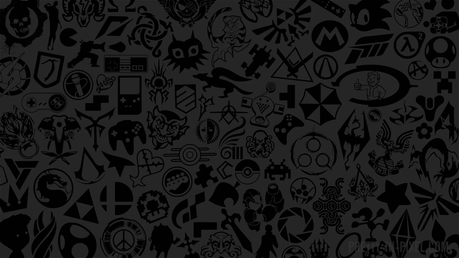 Gamer Logo 桌布 壁紙 — 在紋理背景上，以黑色和深灰色呈現的密集經典電子遊戲標誌和符號拼貼。