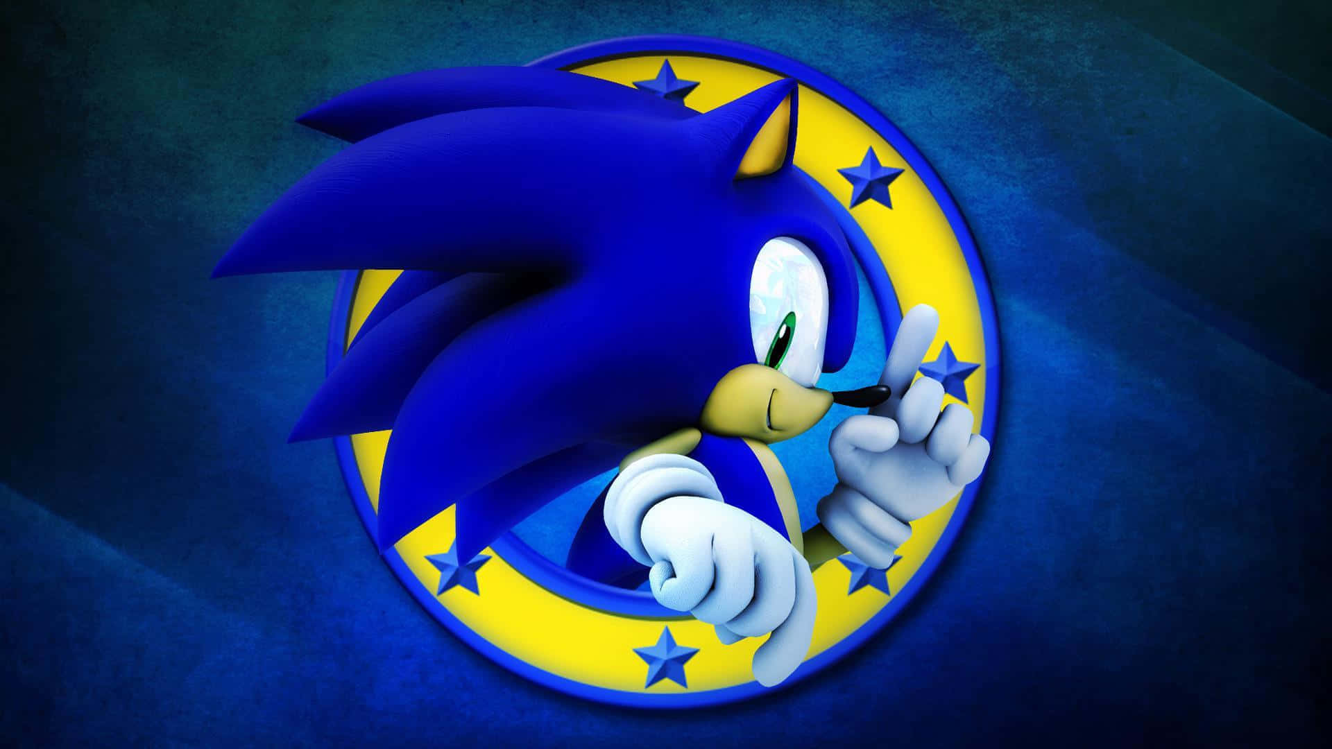 Sonic Logo 桌布 壁紙 — 在紋理藍色背景上，黃色星星邊框圓圈內的動感姿態的刺蝟索尼克。