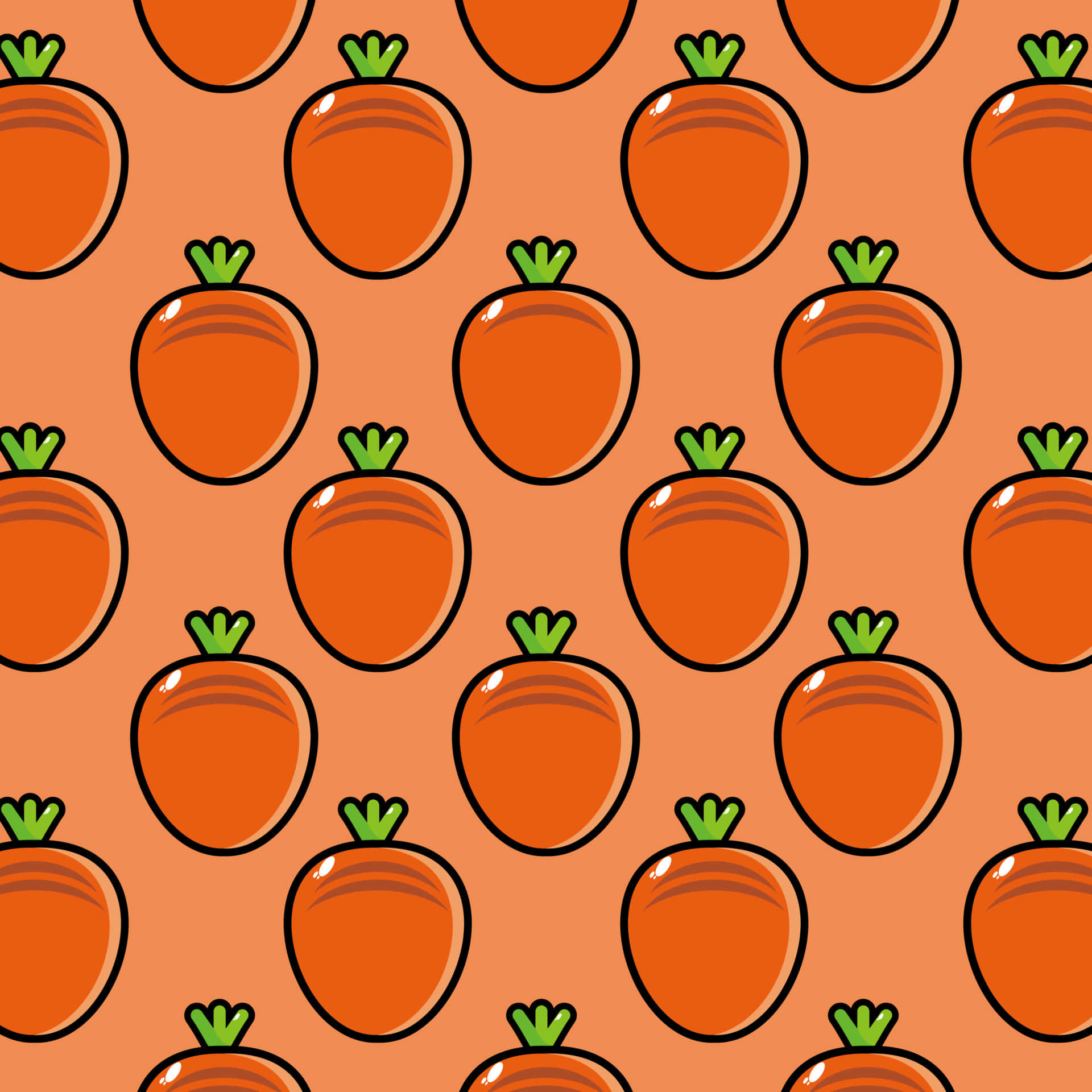 Cute Orange 桌布 壁紙 — 在純橙色背景上重複出現帶有綠色頂部的卡通胡蘿蔔的無縫圖案。