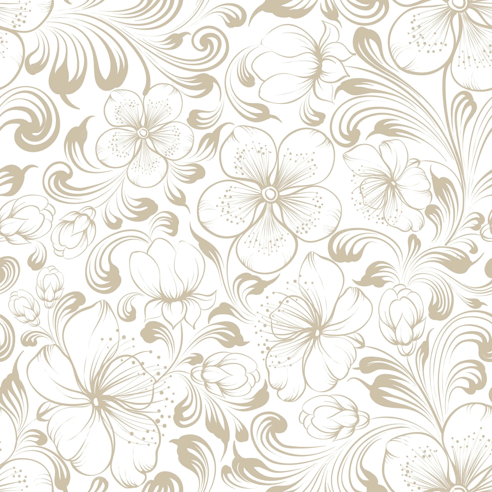Floral Pattern 桌布 壁紙 — 在純白背景上，優雅的米色花卉圖案，帶有旋轉的藤蔓和盛開的花朵。