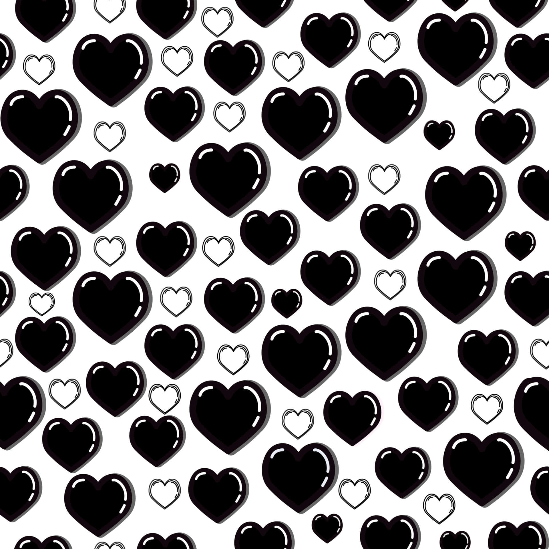 Black And White Heart 桌布 壁紙 — 在純白背景上，由亮面黑色心形和輪廓心形組成的無縫圖案。