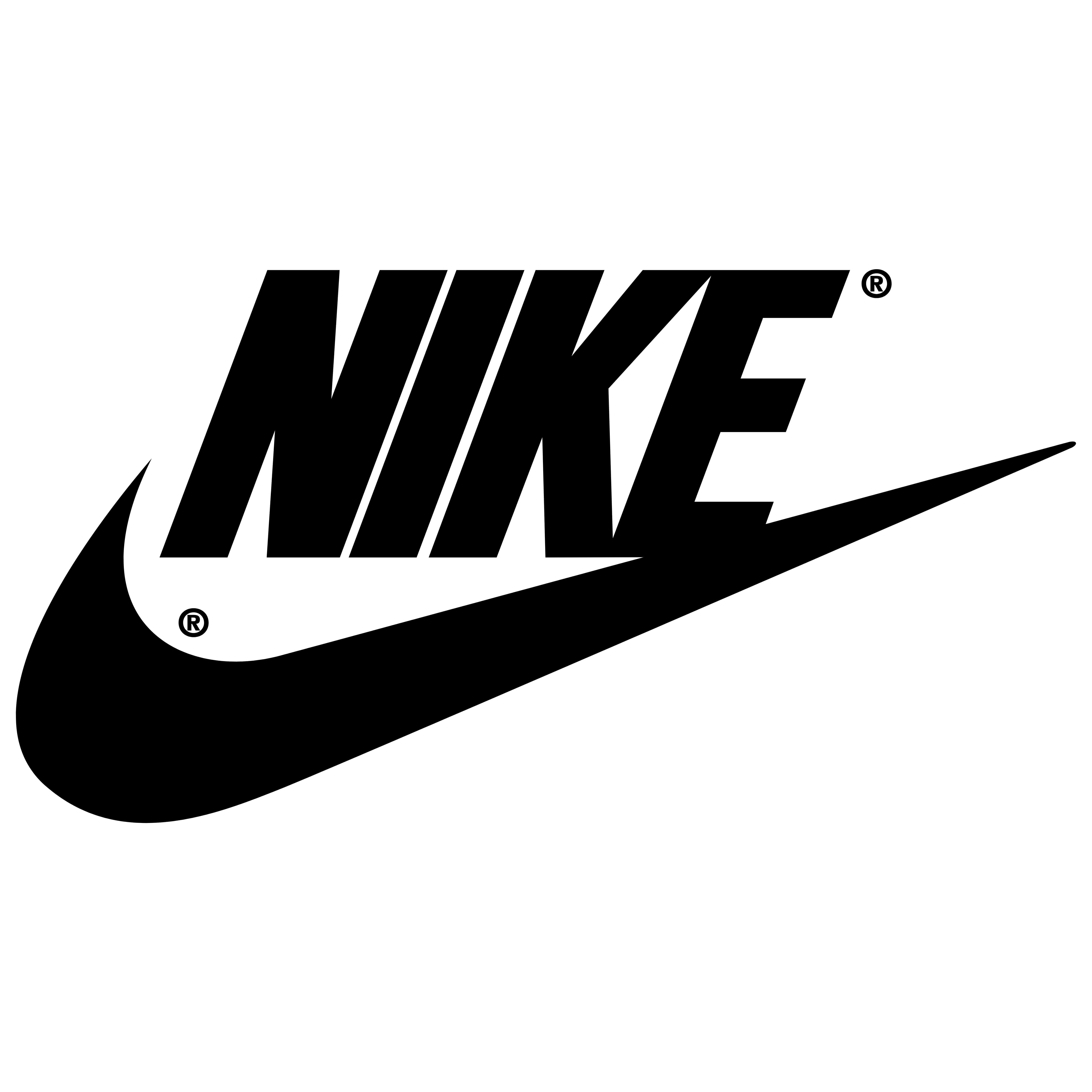 Black And White Logo 桌布 壁紙 — 在純白色背景上，帶有註冊商標符號的醒目黑色Nike Swoosh標誌。