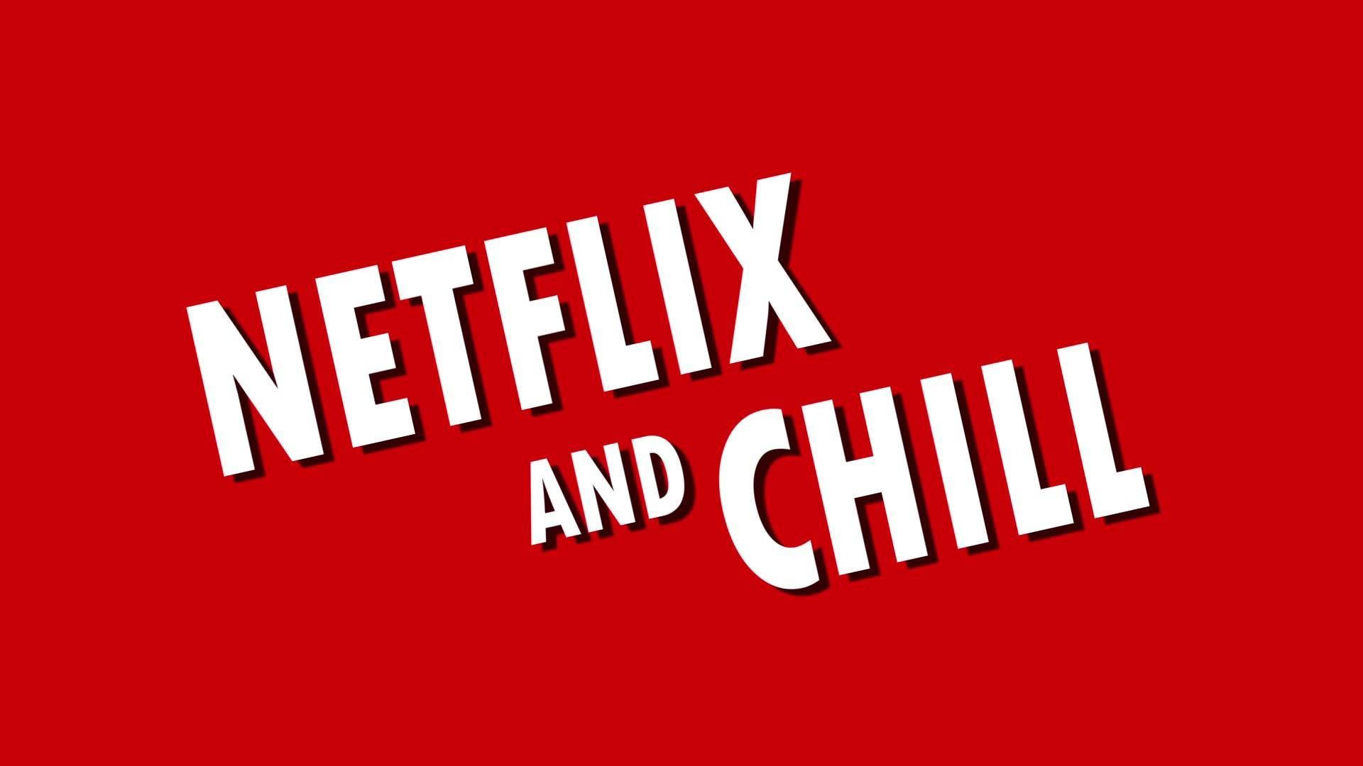 Netflix and Chill 壁紙 — 在純紅色背景上，斜向排列的粗體白色文字寫著「NETFLIX AND CHILL」。