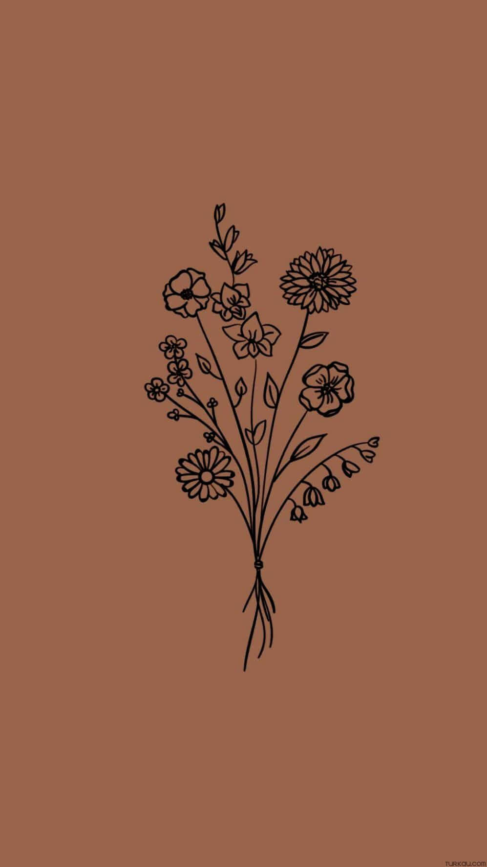 Flower Phone 桌布 壁紙 — 在純色陶土背景上，一束野花嘅極簡黑色線條畫。