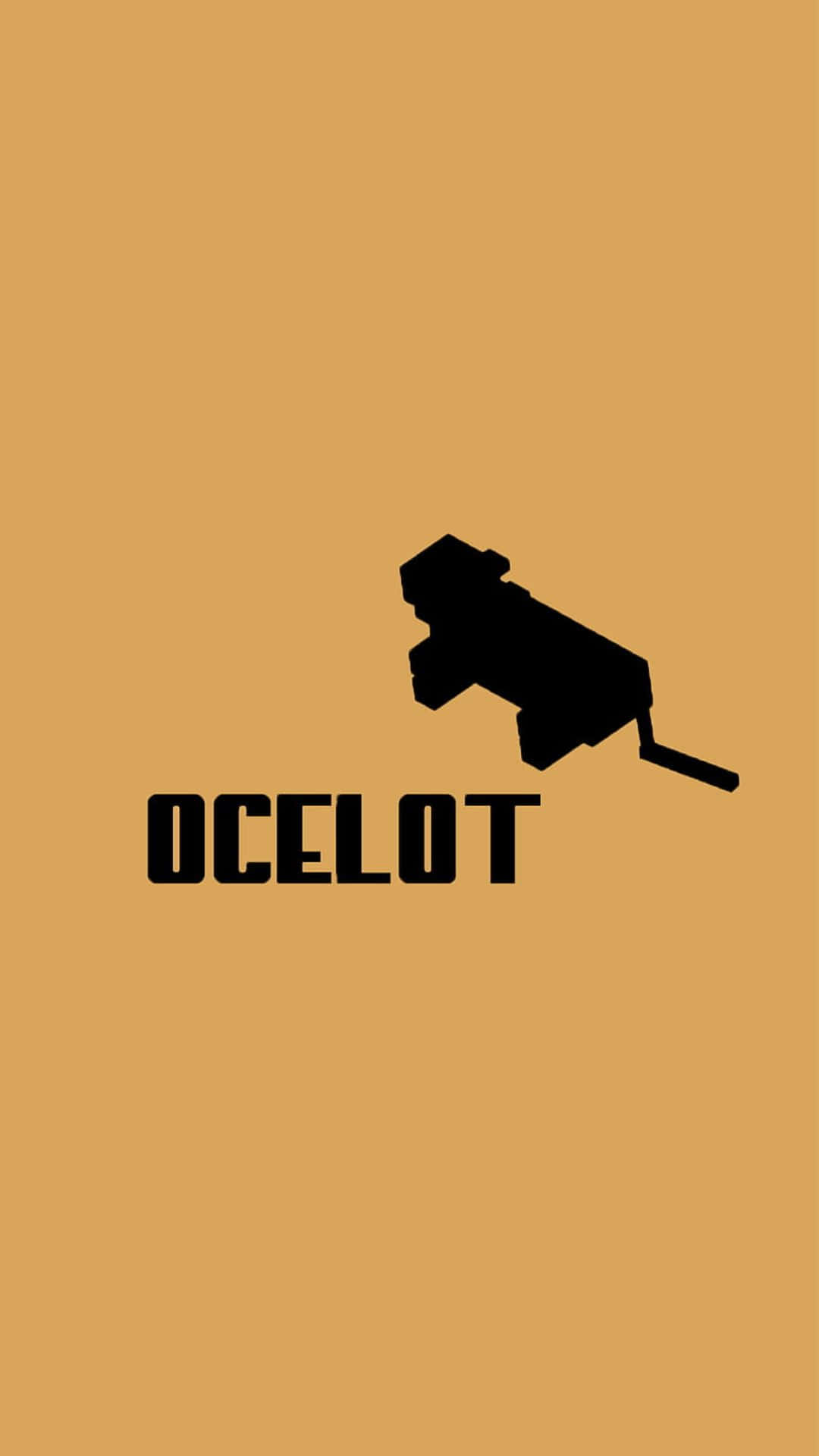 Minecraft Ocelot 桌布 壁紙 — 在純色黃褐色背景上，一個極簡的黑色豹貓剪影，下方有「ocelot」字樣。