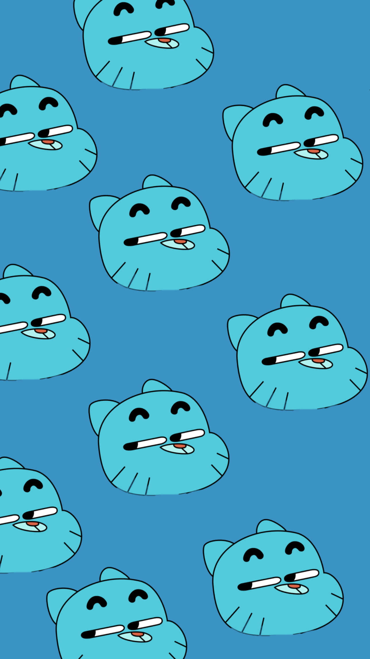 the amazing world of gumball 桌布 壁紙 — 在純藍色背景上重複出現的卡通貓臉，嘴裡含著牙刷。