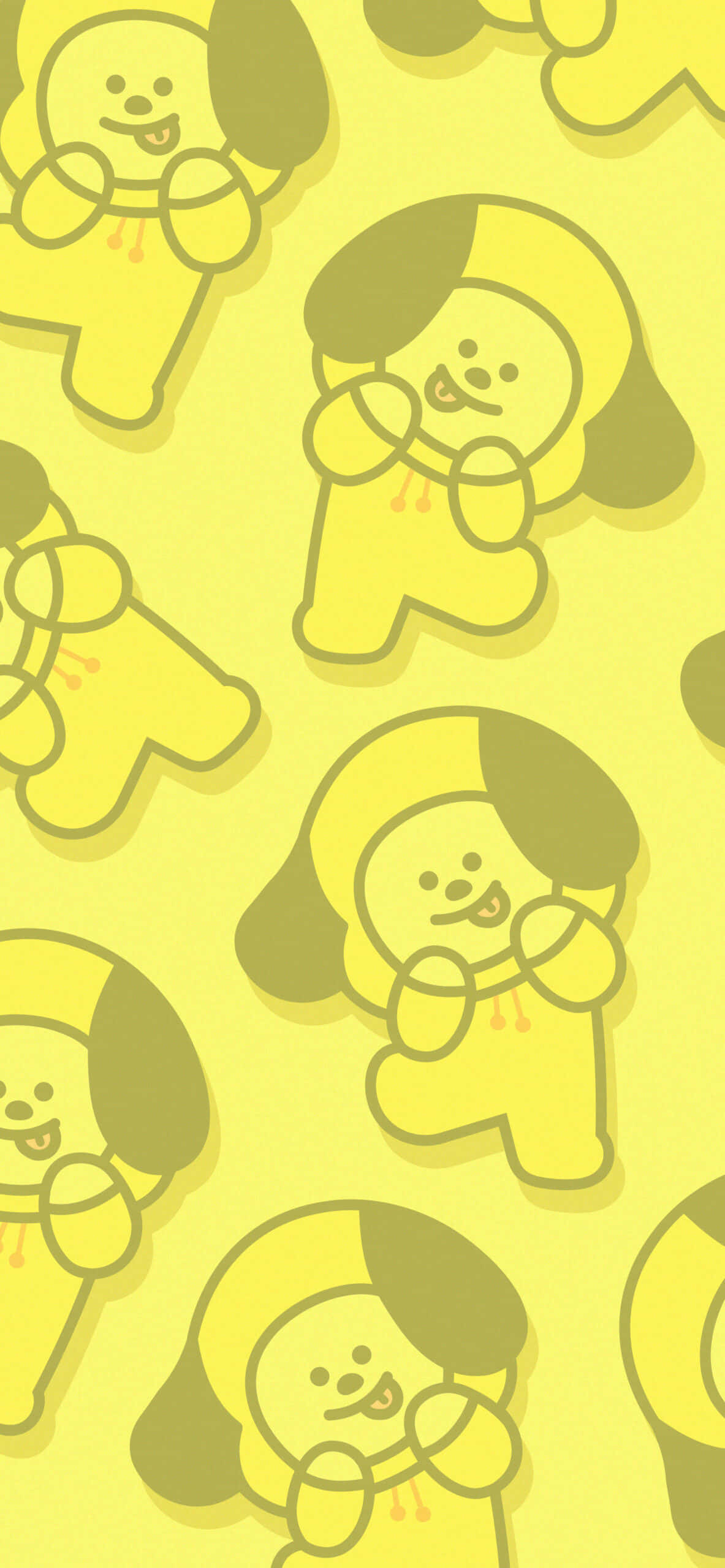 BT21 桌布 壁紙 — 在純黃色背景上，重複圖案呈現出歡快的黃色卡通狗，帶有深色耳朵和簡單的微笑。