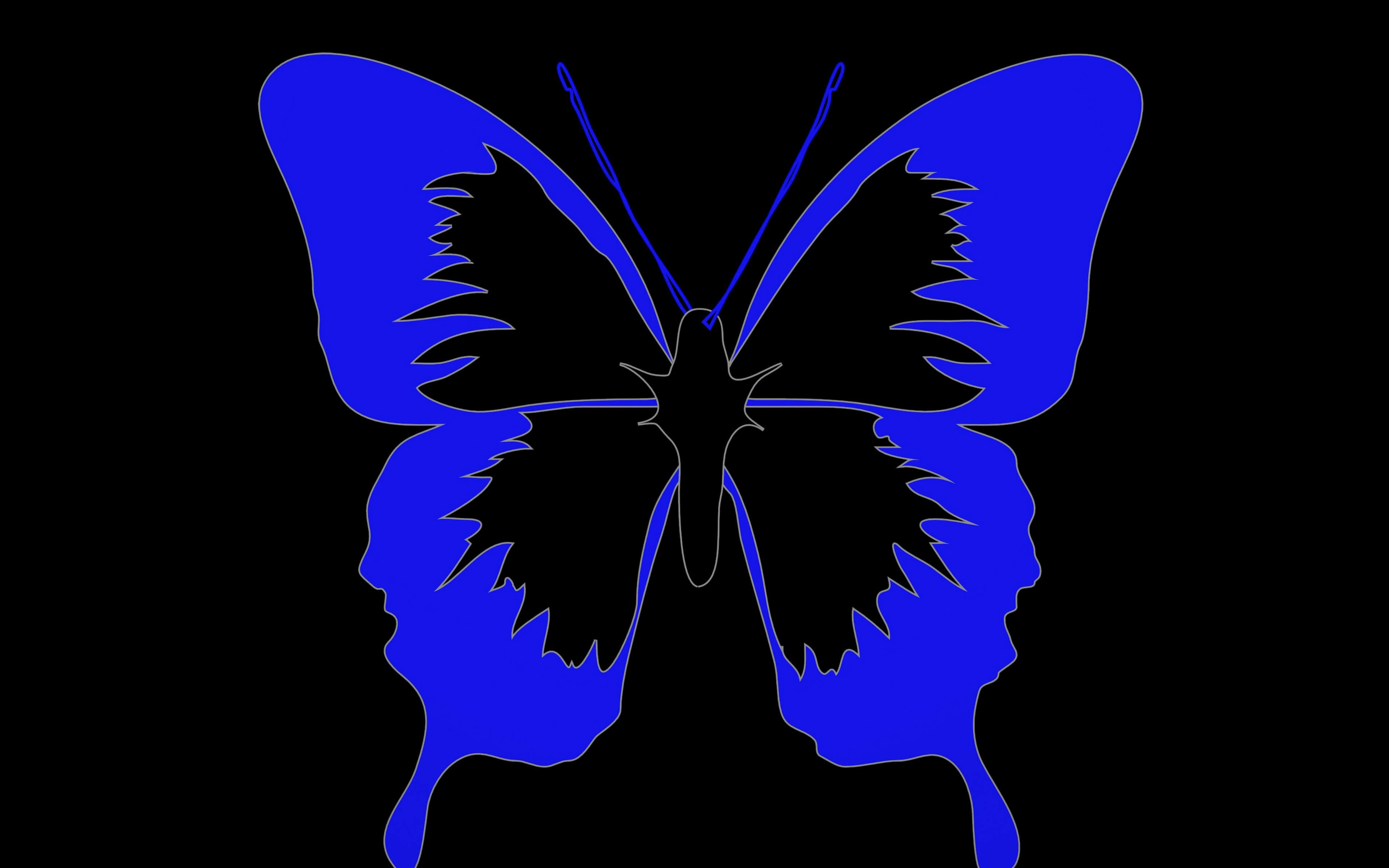 Dark Butterfly 桌布 壁紙 — 在純黑背景上，一個大膽的藍色蝴蝶剪影，其翅膀由人類側面輪廓構成。