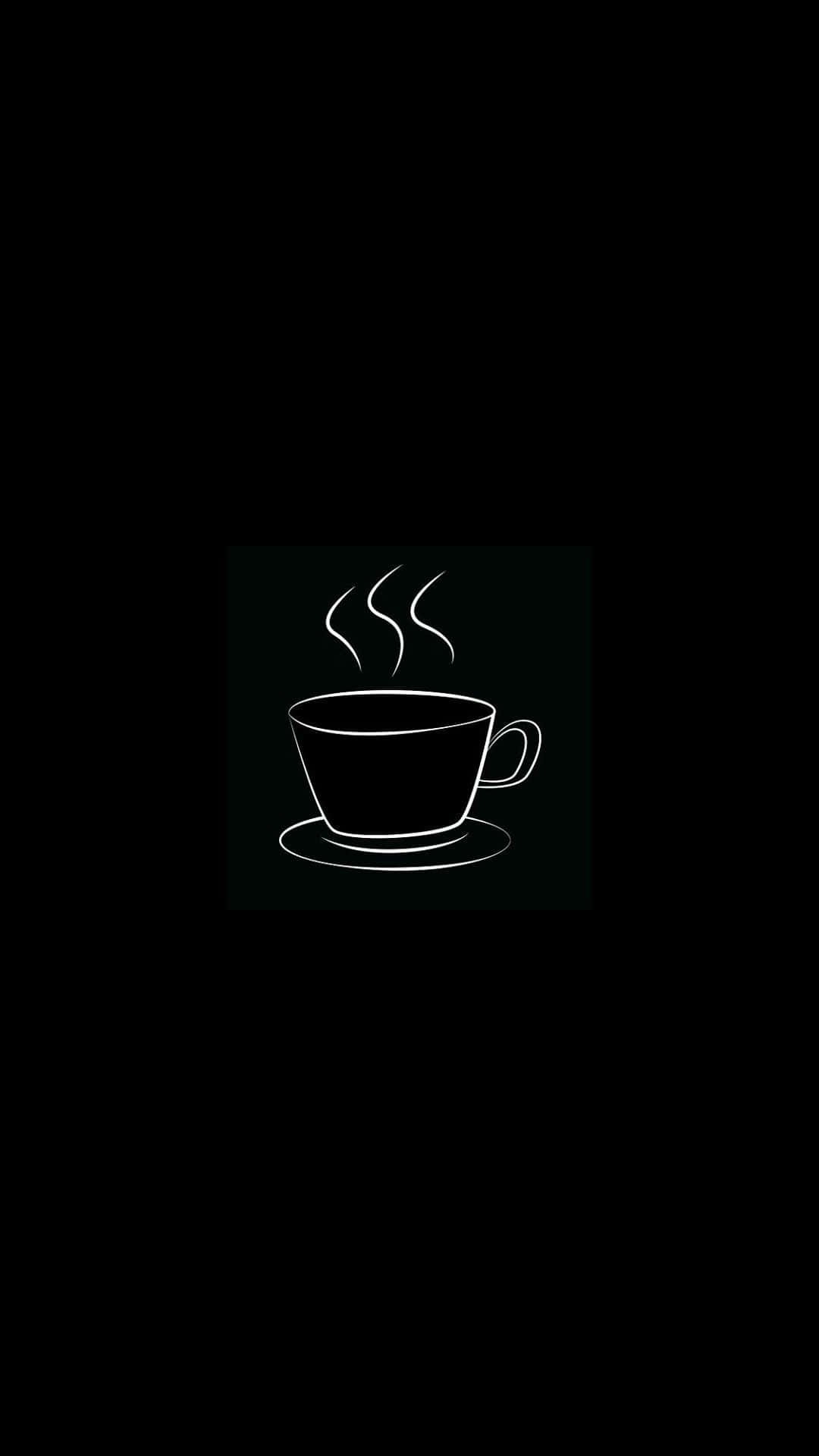 Black Coffee 桌布 壁紙 — 在純黑色背景上，一個冒著蒸氣的咖啡杯放在碟子上的極簡白色線條畫。