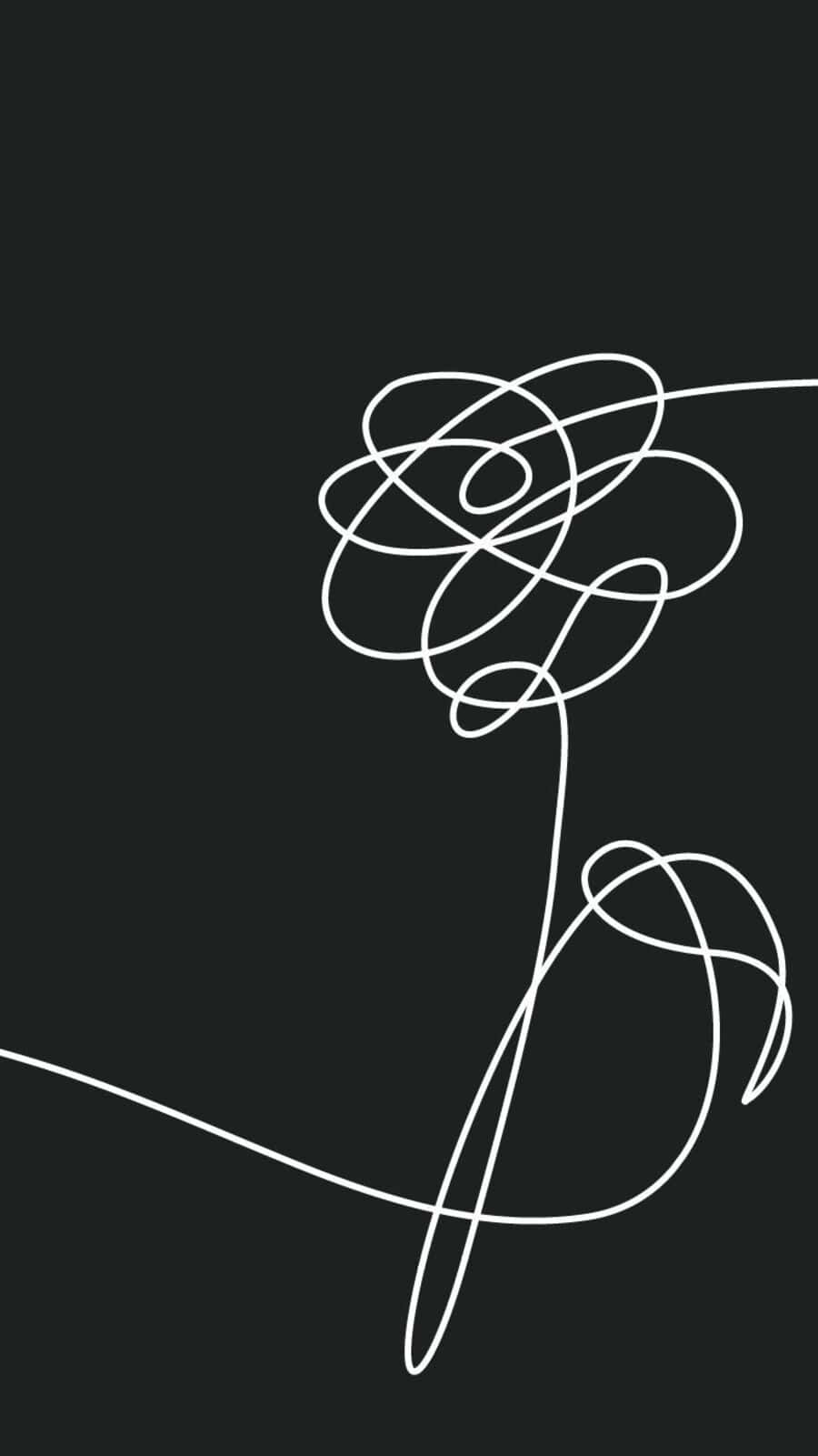 Bts Love Yourself 桌布 壁紙 — 在純黑色背景上，一朵風格化玫瑰的極簡白色線條畫。