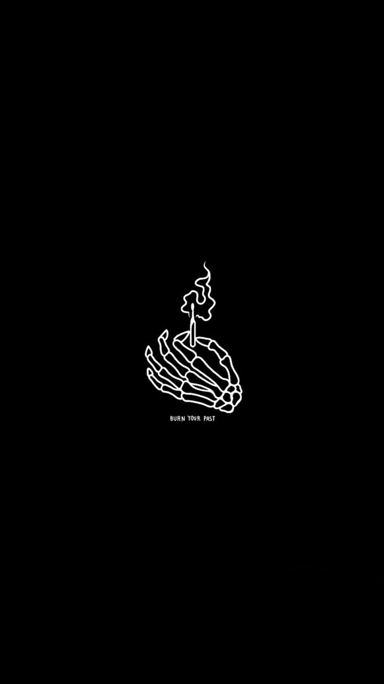 Minimalist Phone 桌布 壁紙 — 在純黑色背景上，一隻骷髏手拿著冒煙蠟燭的極簡白色線條畫。
