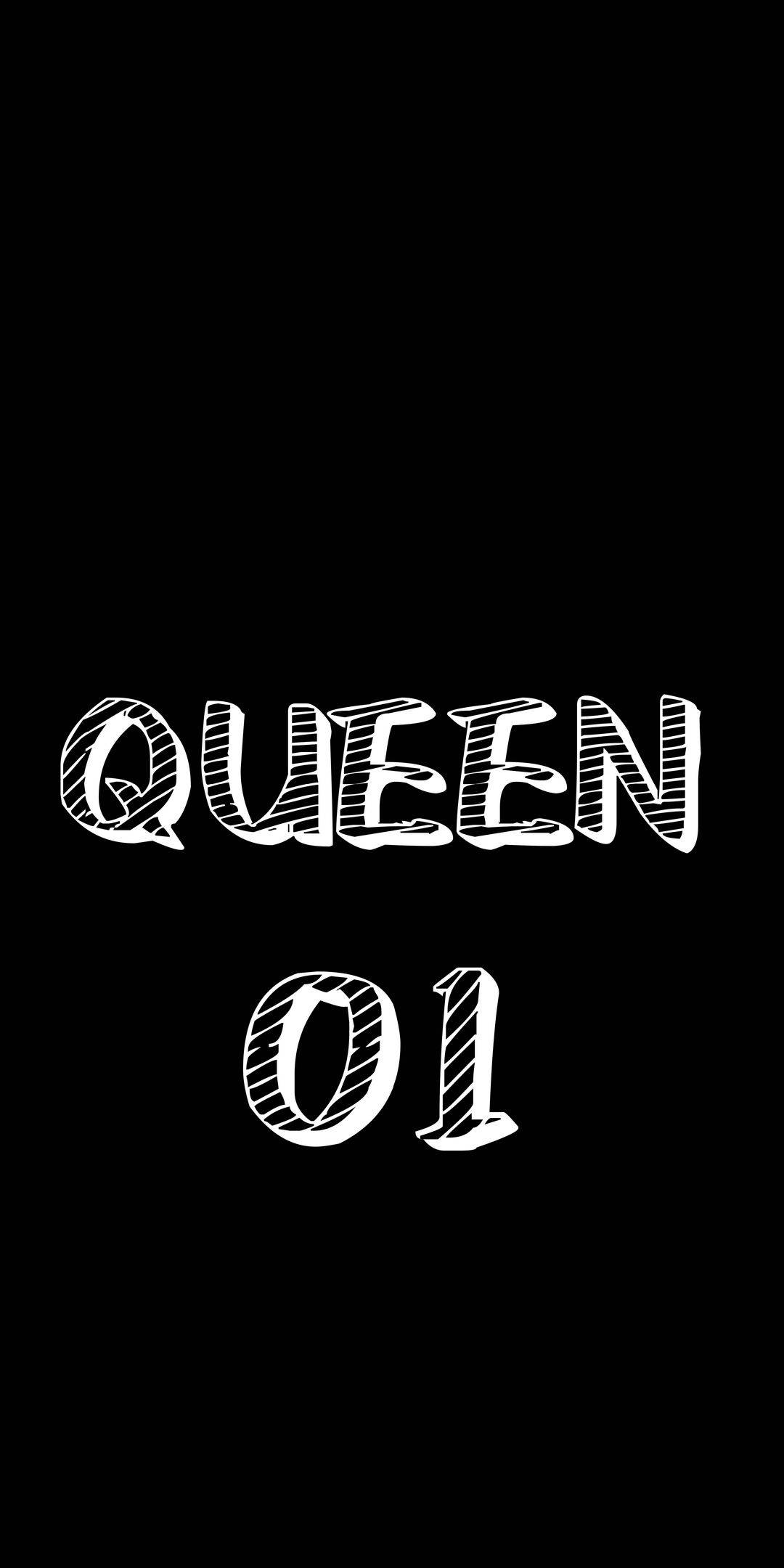 Typography 桌布 壁紙 — 在純黑色背景上，大膽的白色手繪文字拼出 QUEEN 和 01。
