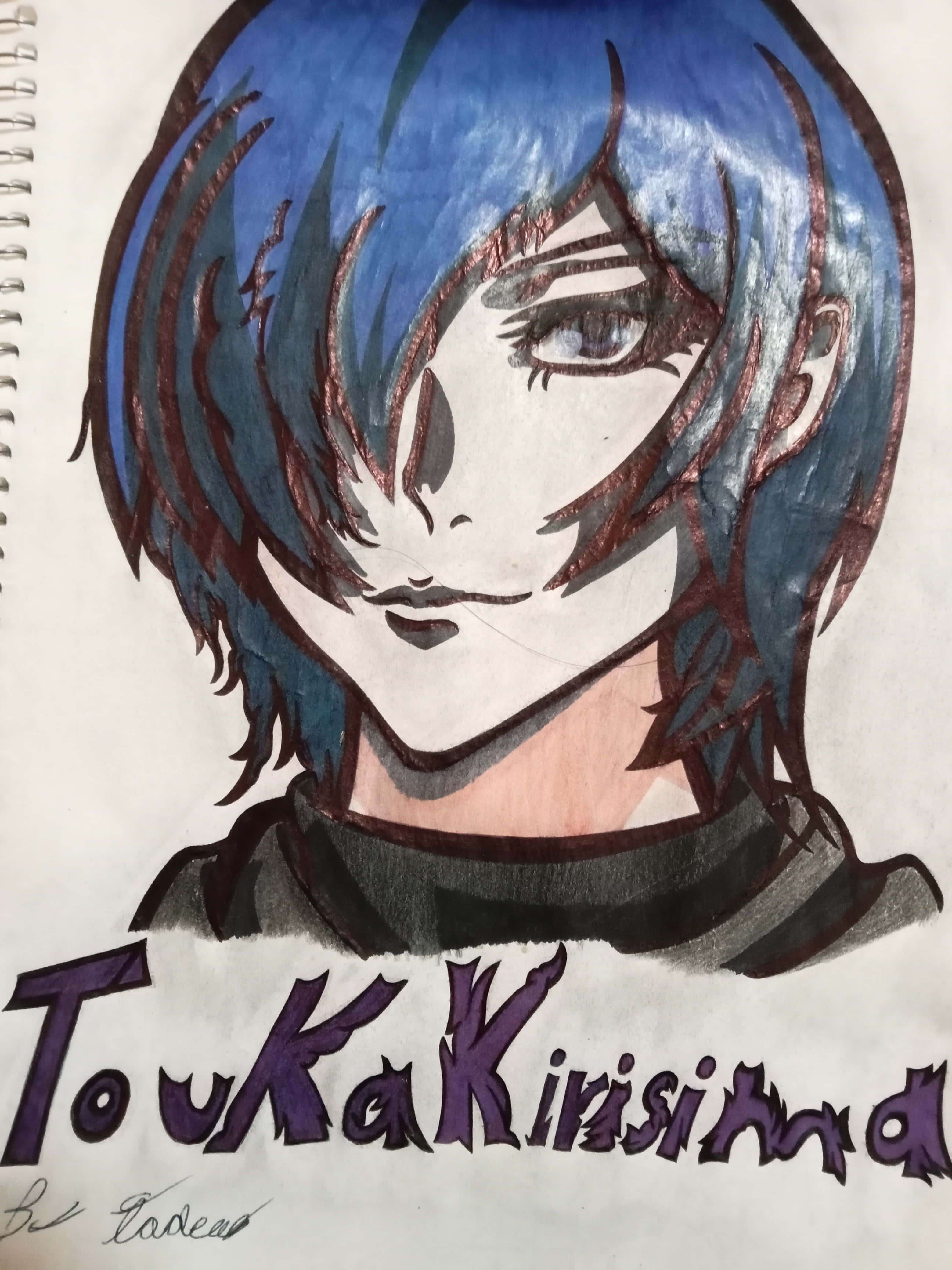 Touka Kirishima 桌布 壁紙 — 在素描紙上手繪的藍髮桐人霧島動畫肖像，眼神銳利。