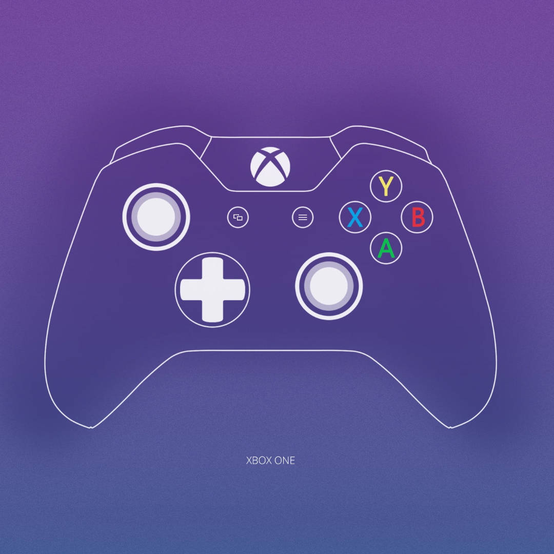 紫色藍色漸變背景上 Xbox One 手把的白色線條畫。
