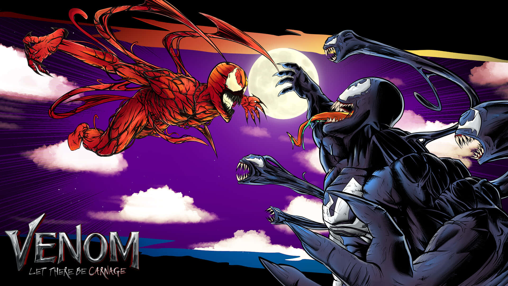 Carnage Vs Venom 桌布 壁紙 — 在紫色天空、滿月和雲朵的背景下，屠殺撲向毒液。