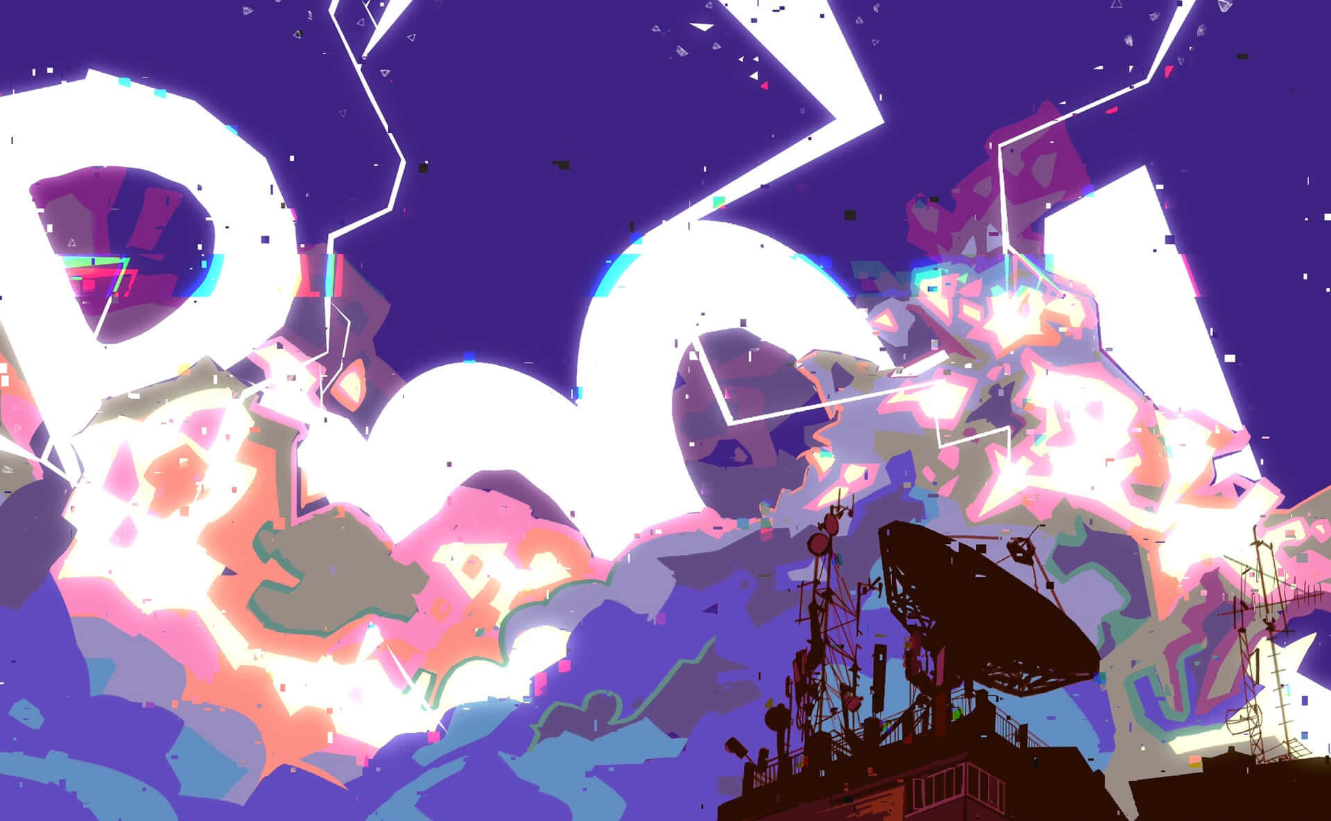 Promare 桌布 壁紙 — 在紫色天空下，黑暗屋頂天線陣列上方爆發出一場由故障霓虹色彩和碎片形狀組成的數位藝術爆炸。
