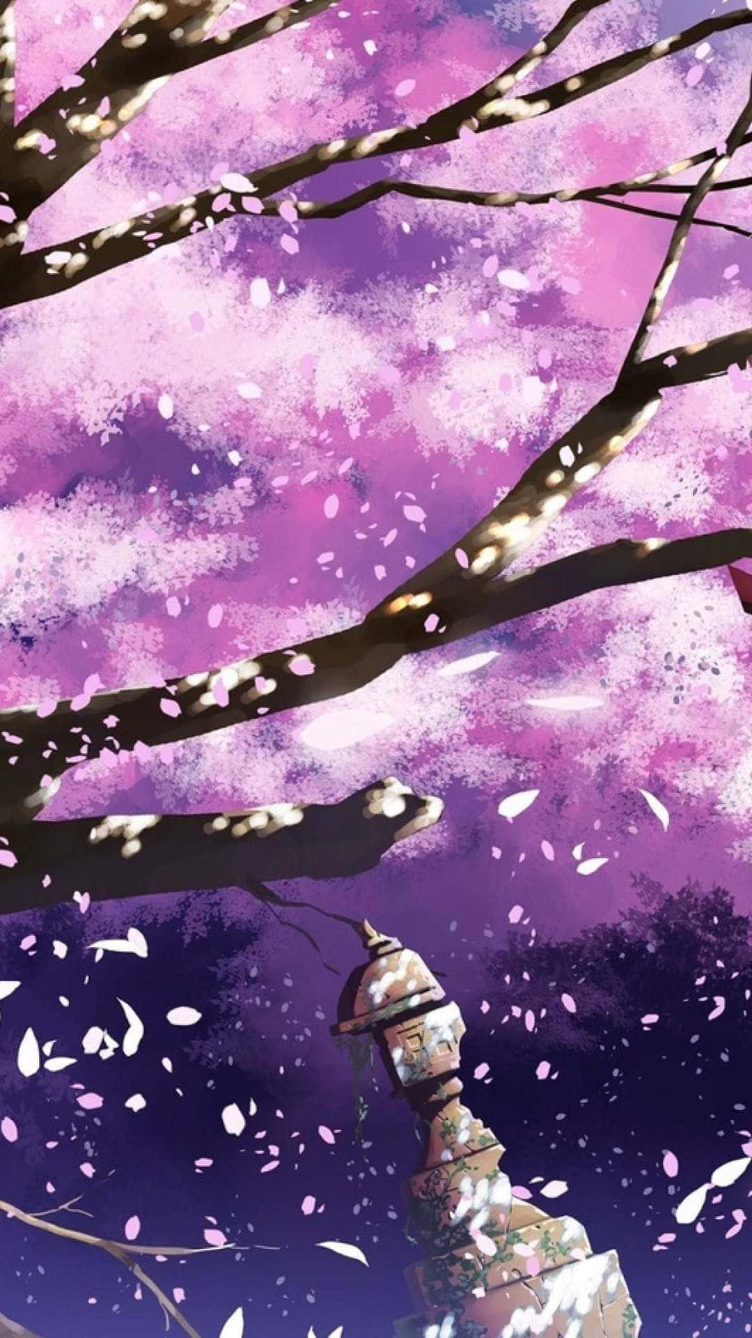 Purple Anime 桌布 壁紙 — 在紫色暮色天空下，櫻花飄落在石燈籠周圍的寧靜動畫風格場景。