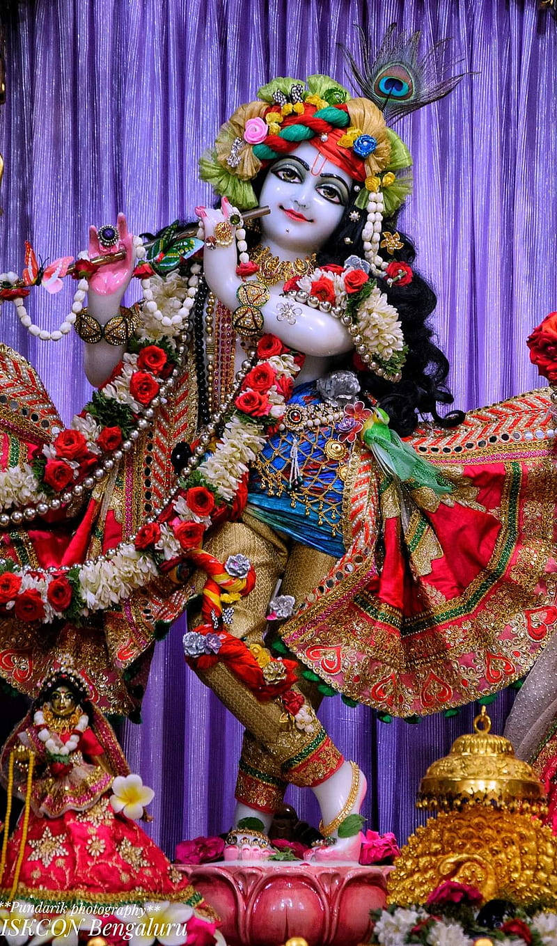 krishna god 桌布 壁紙 — 在紫色窗簾背景下，裝飾華麗的克里希納神吹笛雕像。