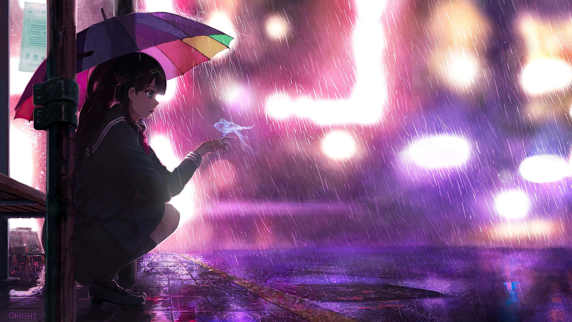 女孩拿著彩虹傘，在雨夜霓虹城市中手持發光紙鶴。