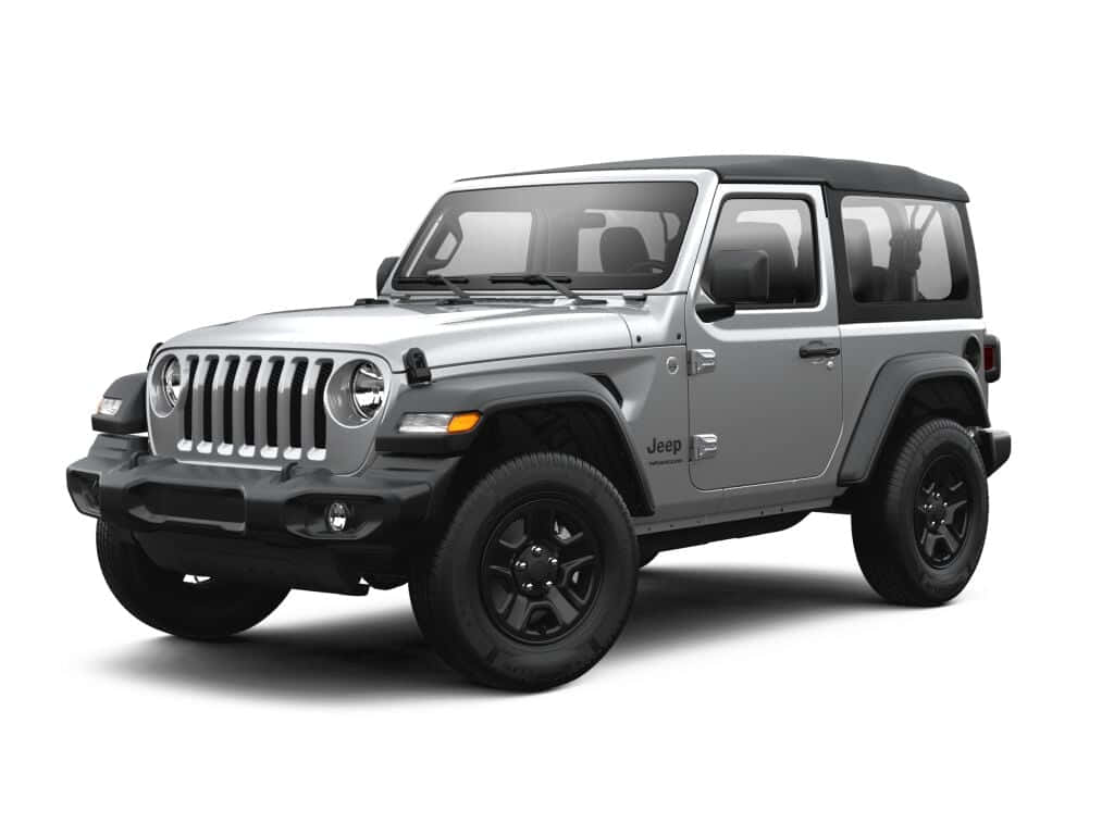 銀色Jeep Wrangler，黑色軟頂和輪胎，白色背景。