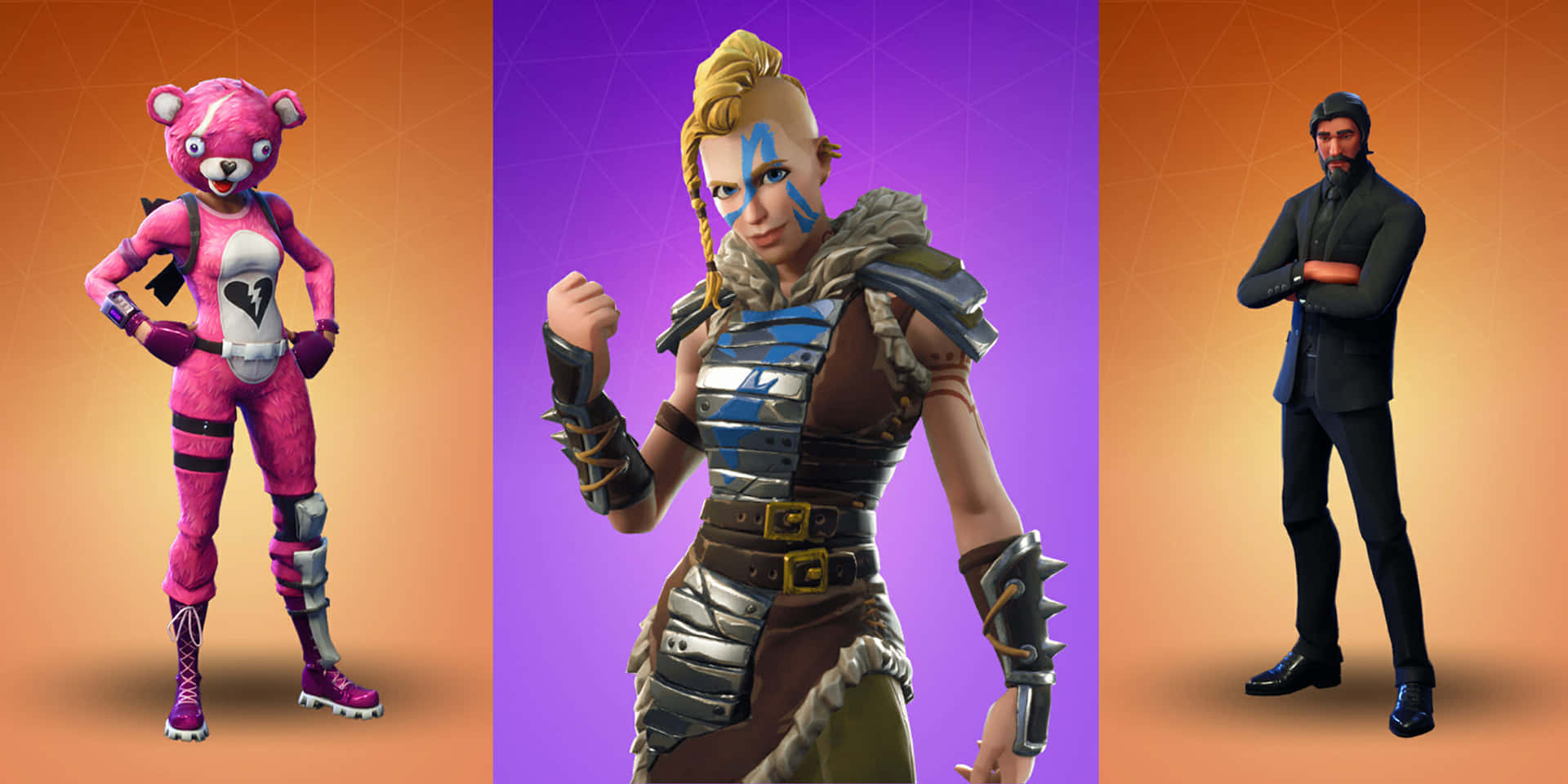 三個穿著不同服裝的 Fortnite 遊戲角色在漸變背景前擺姿勢。