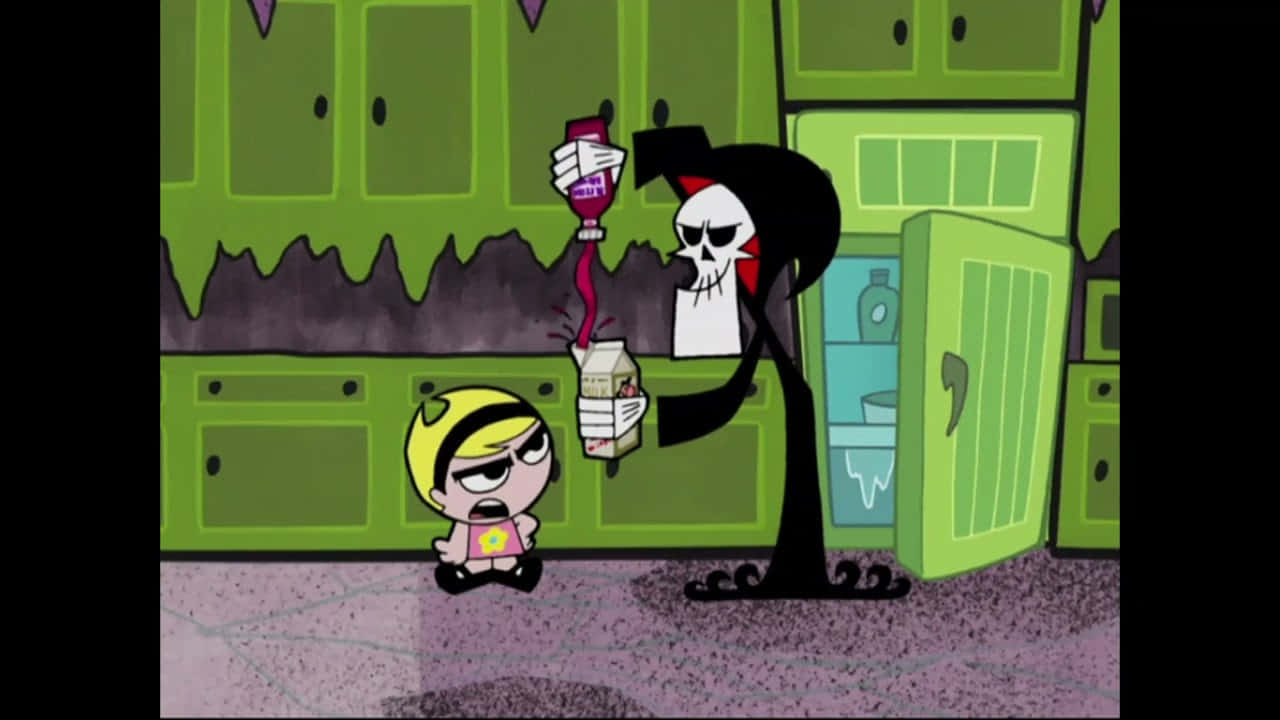 the grim adventures of billy and mandy 桌布 壁紙 — 在綠色廚房裡，一個卡通死神將紫色液體倒入兒童牛奶盒中。