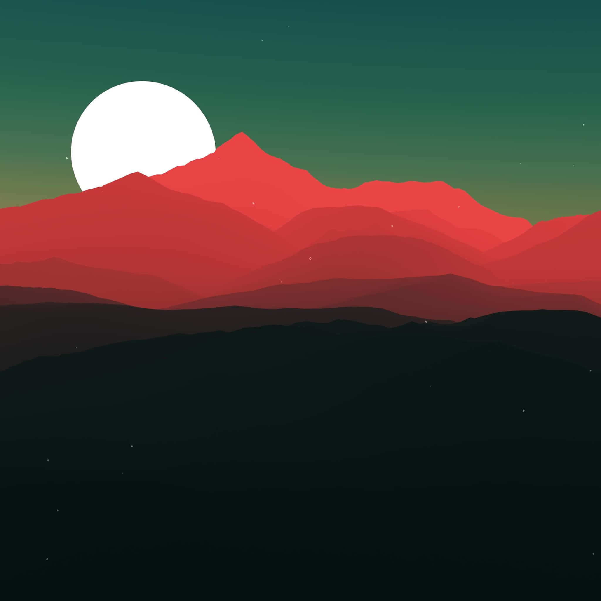 Minimalist Colorful 桌布 壁紙 — 在綠色漸變天空下，一座風格化的山脈沐浴在紅色色調中，上方有一輪巨大的白色月亮。