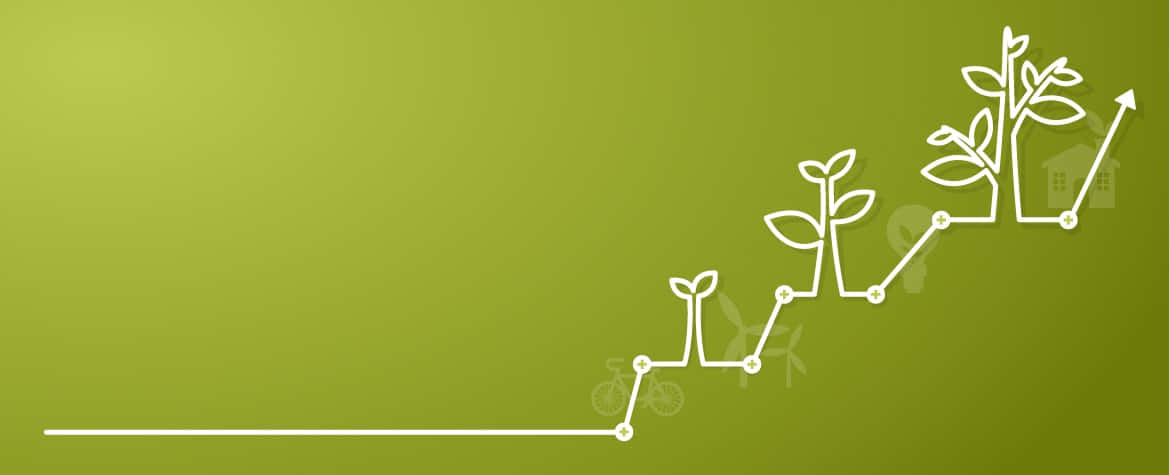 Green Finance 桌布 壁紙 — 在綠色漸變背景上的極簡白色線圖，顯示植物沿著上升趨勢逐步生長，並帶有單車、房屋和葉子的圖標。